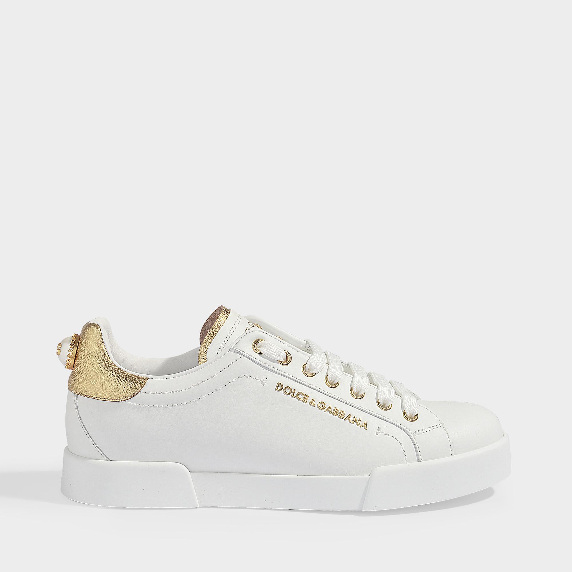Dolce & Gabbana Portofino Sneakers With Pearl At Rear In Gold And White ...