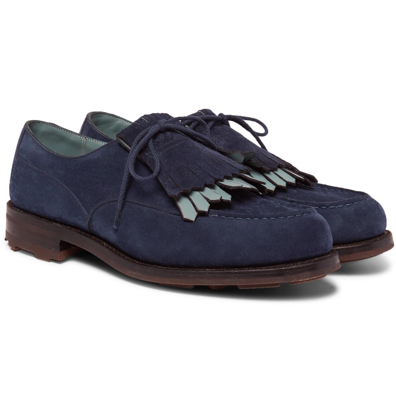 mens blue leather-trimmed suede kiltie derby shoes