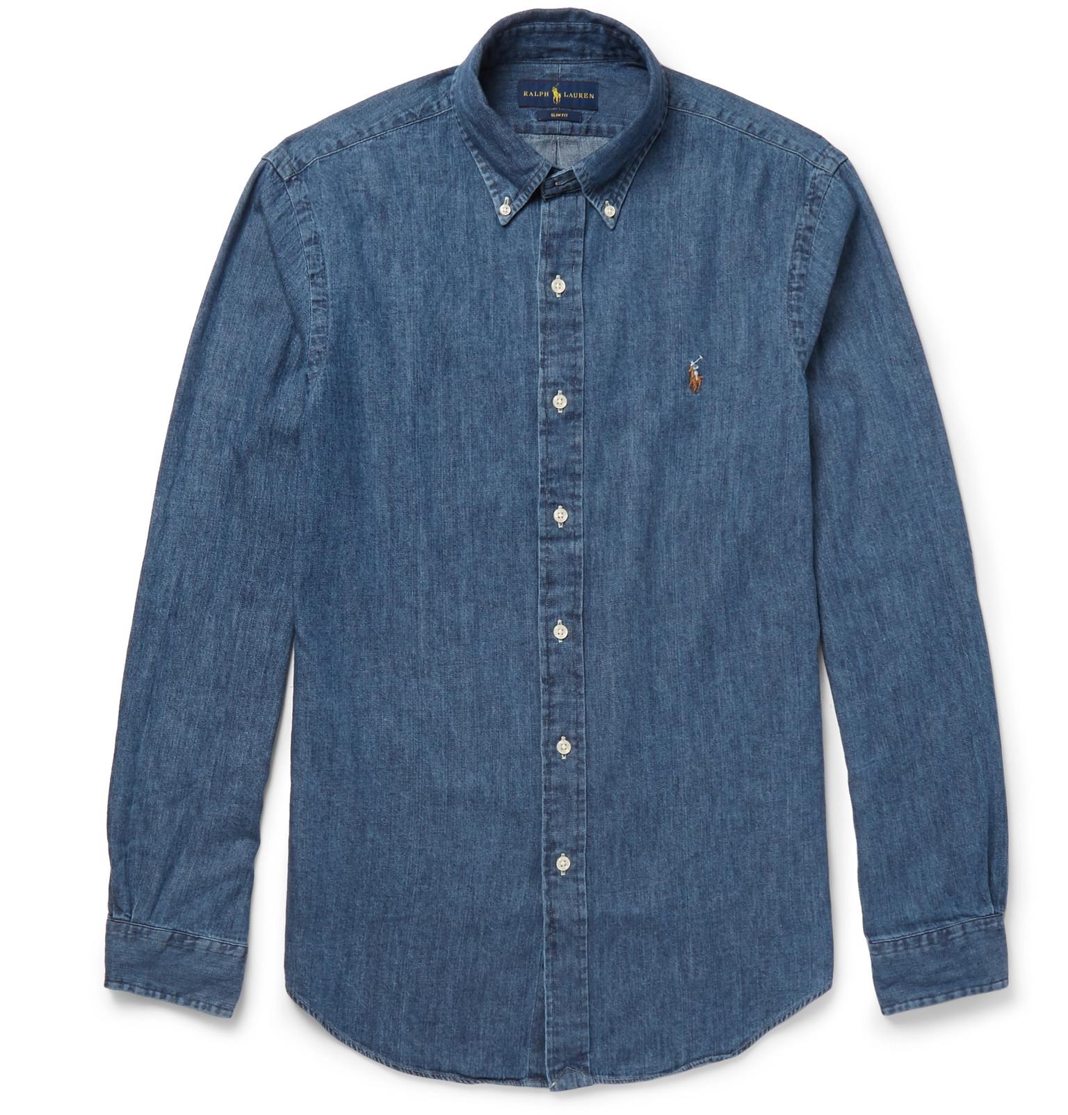 Polo ralph lauren Slimfit Buttondown Collar Washeddenim Shirt in