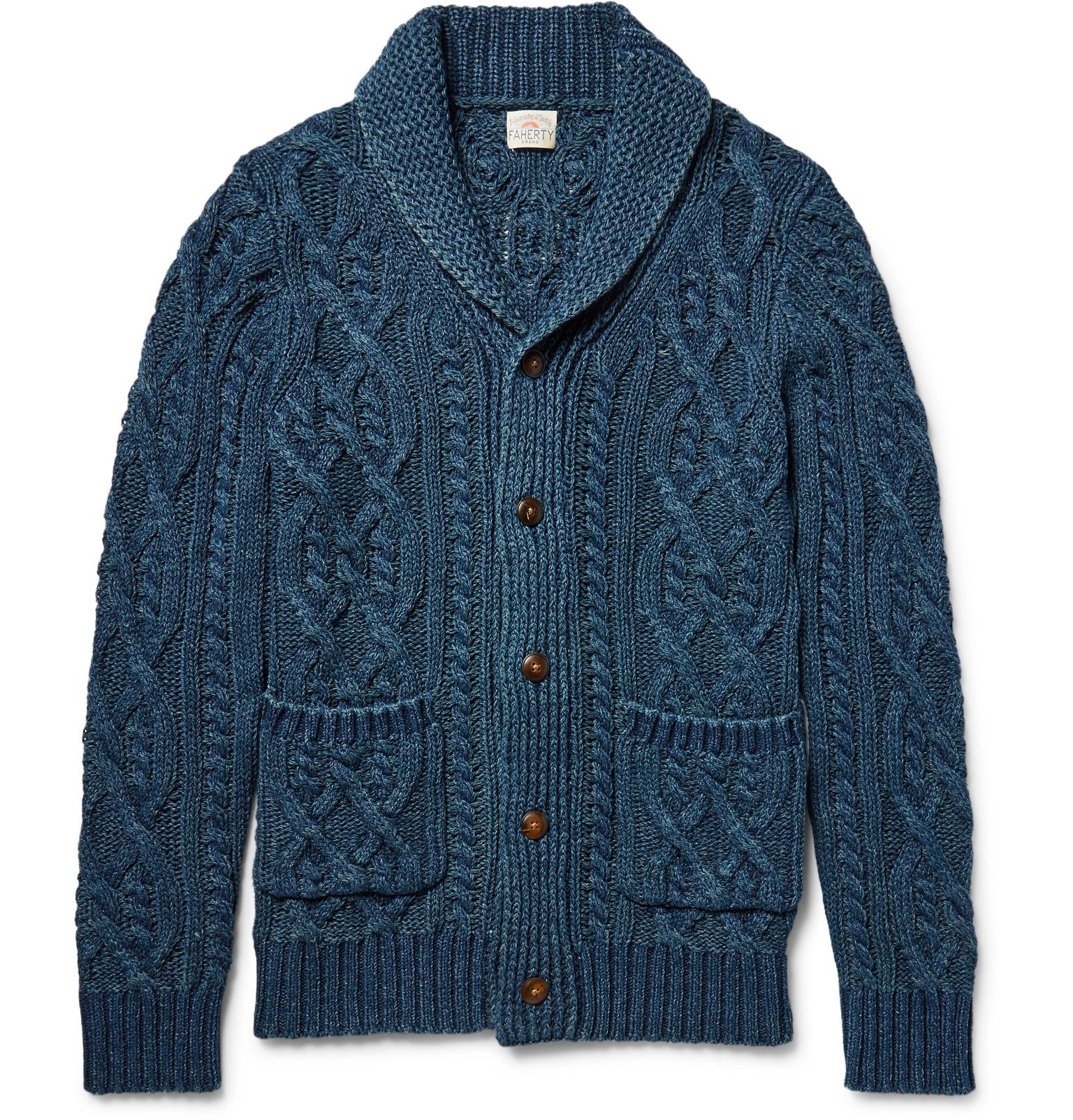 Faherty Brand Shawl-collar Indigo-dyed Cable-knit Cotton Cardigan in ...