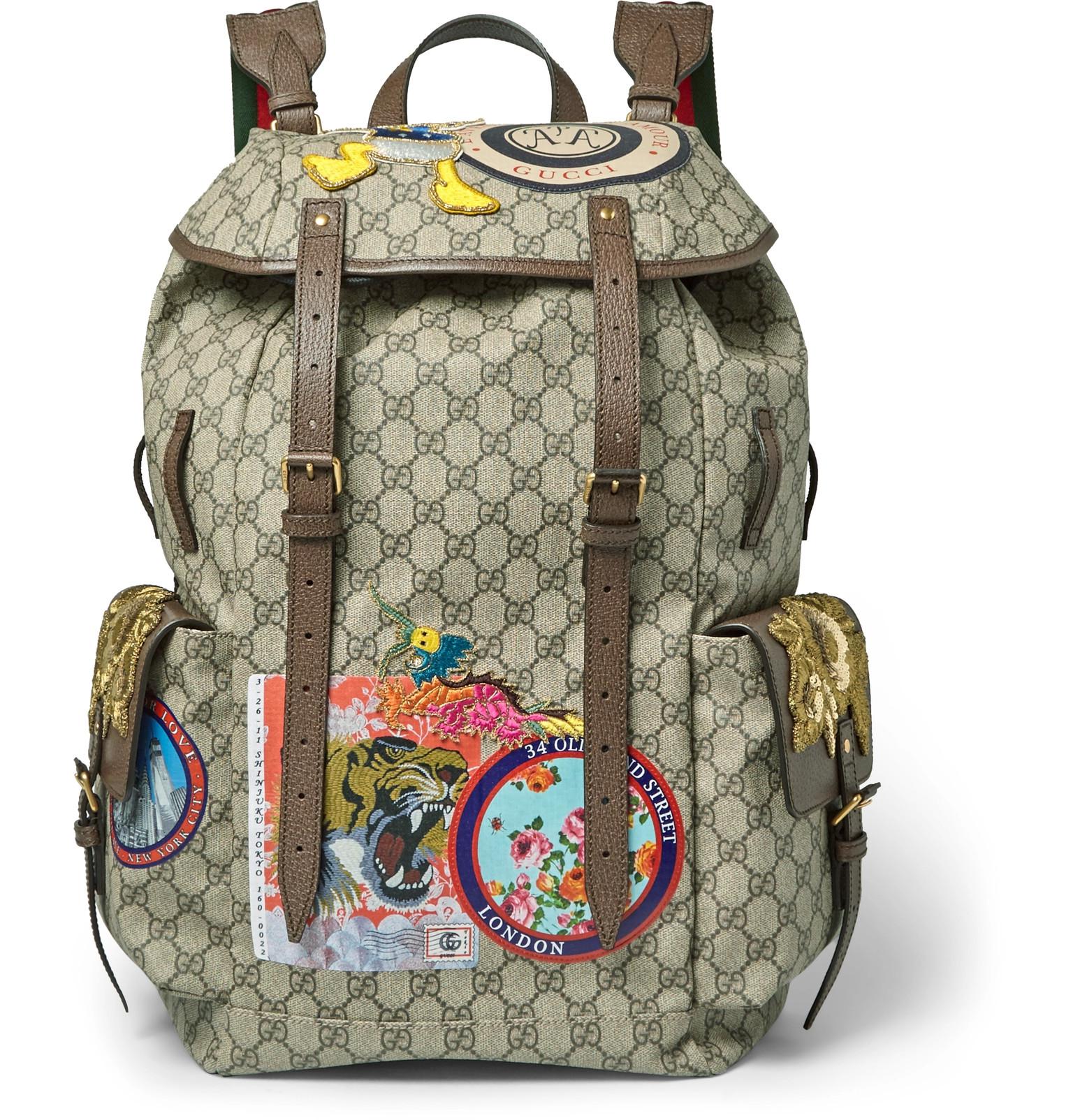 Gucci Leather-trimmed Appliquéd Monogrammed Coated-canvas Backpack in Brown for Men - Lyst