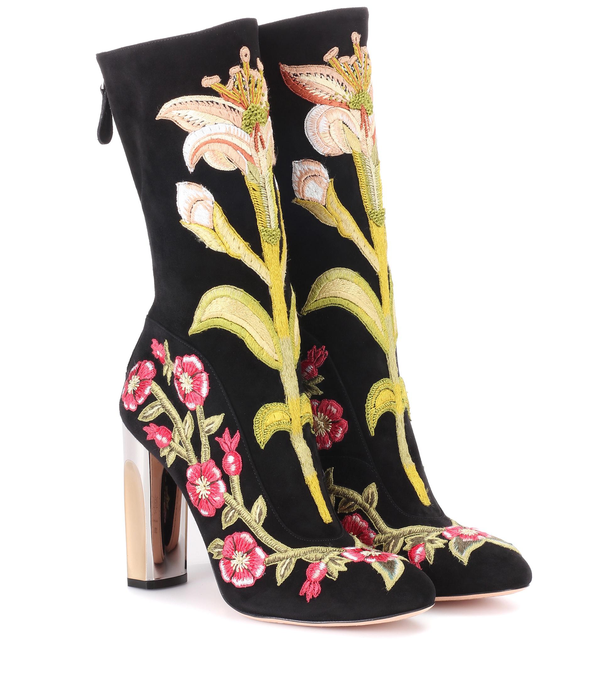 Alexander McQueen Embroidered Suede Ankle Boots - Lyst