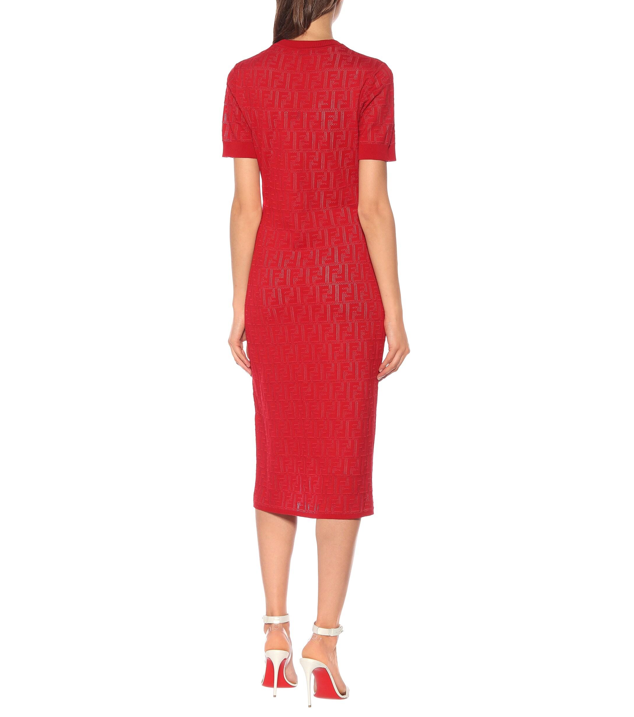 Fendi Cotton-blend Knit Midi Dress in Red - Lyst