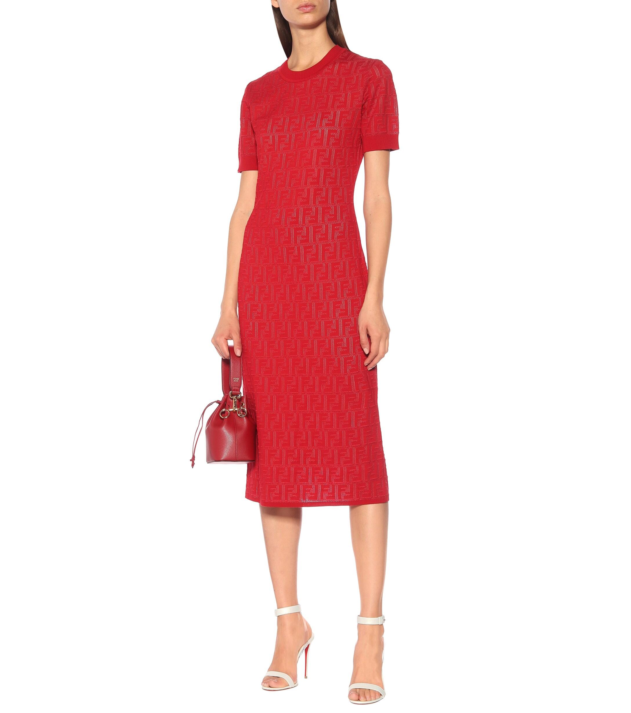 Fendi Cotton-blend Knit Midi Dress in Red - Lyst