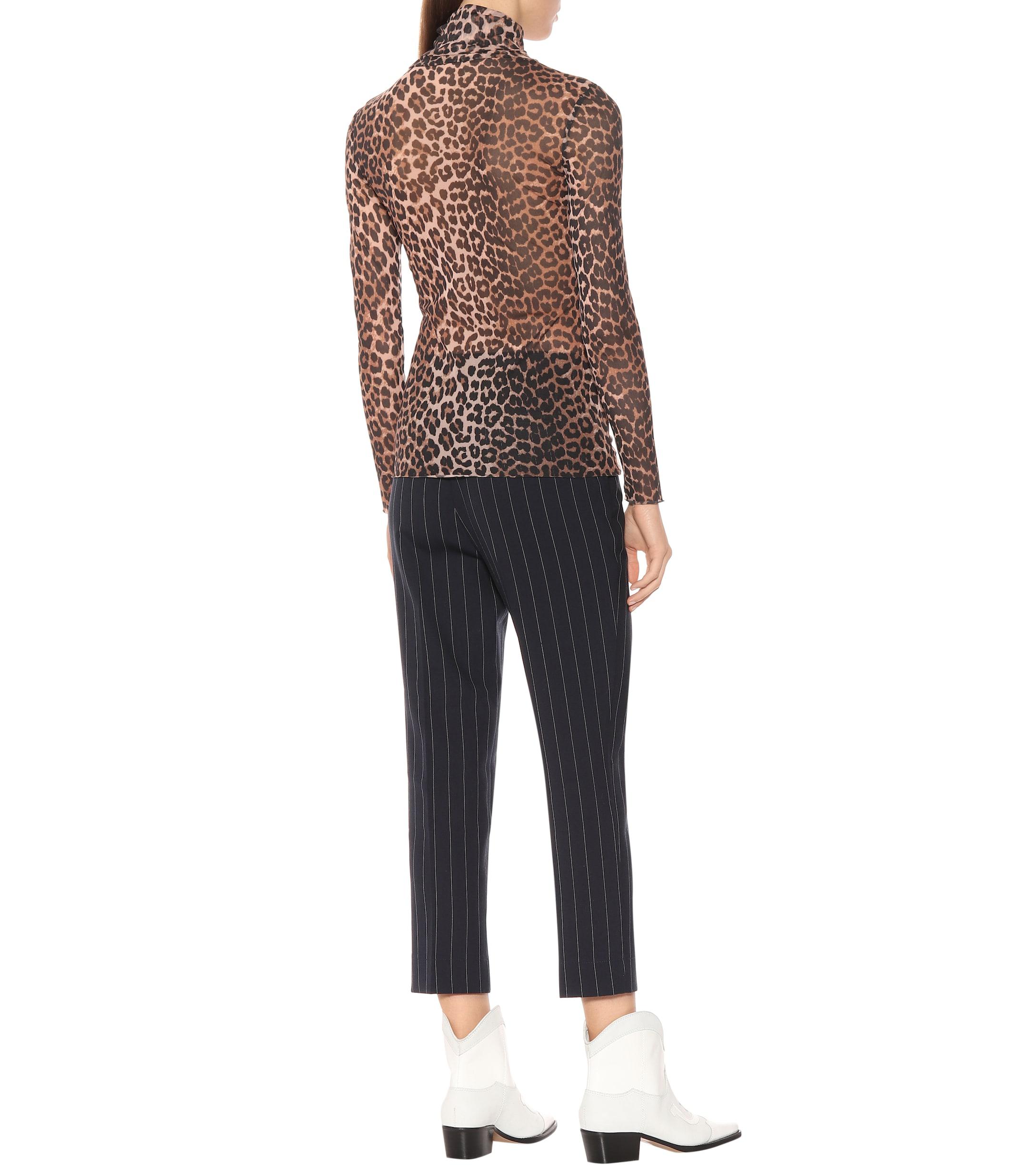 Ganni Leopard-printed Mesh Top - Lyst