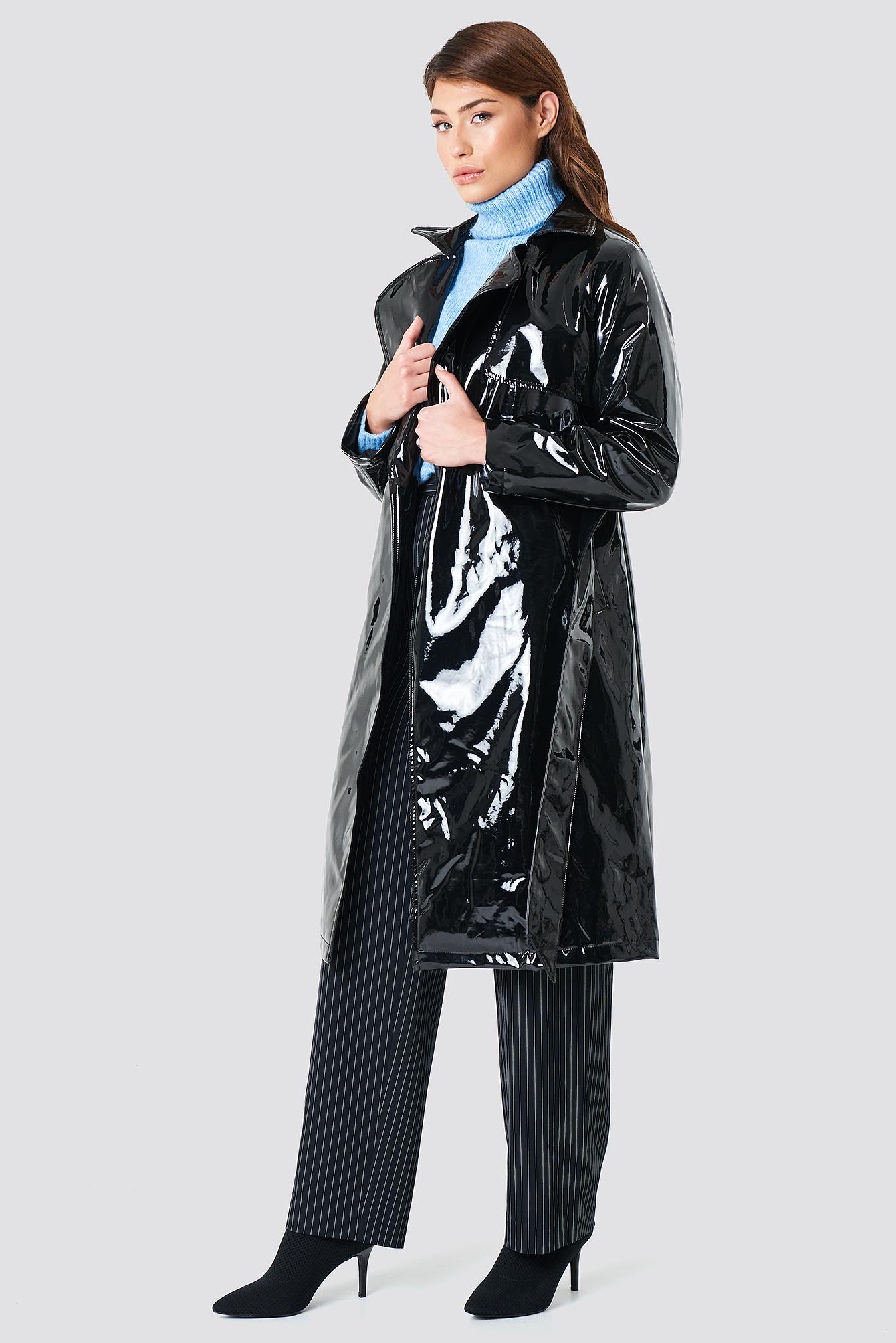 NAKD Leather Patent Long Jacket Black Lyst