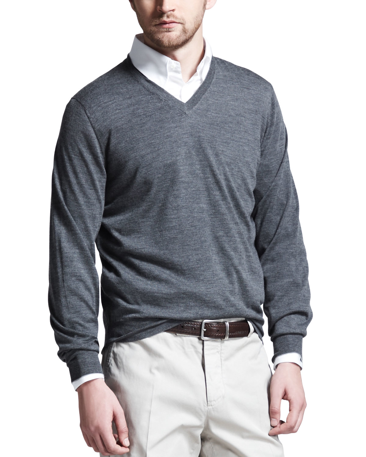 Brunello cucinelli Fine-gauge Tipped V-neck Sweater in Gray for Men