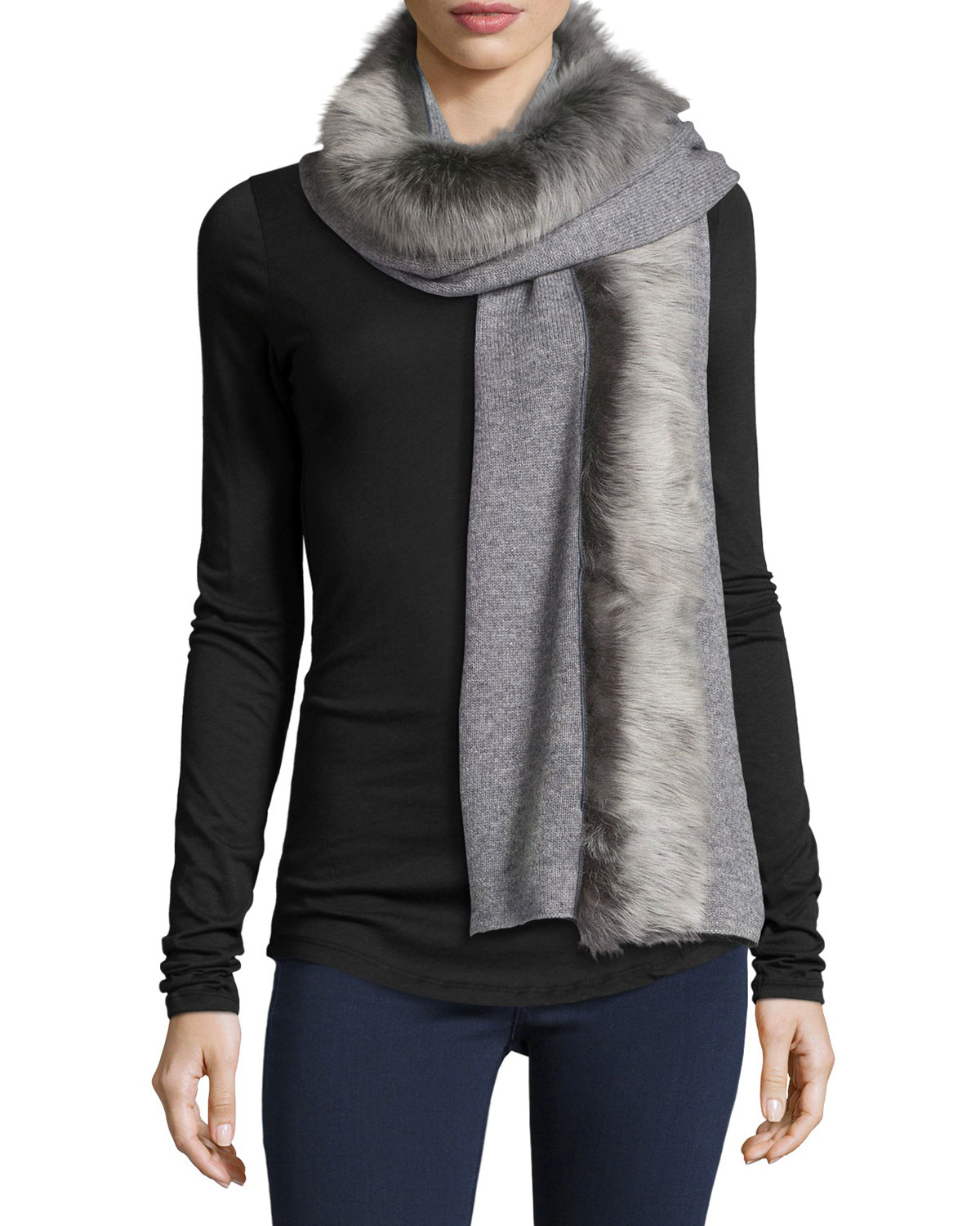 Ugg Luxe Woolblend Scarf W/ Toscana Fur Trim in Gray Lyst