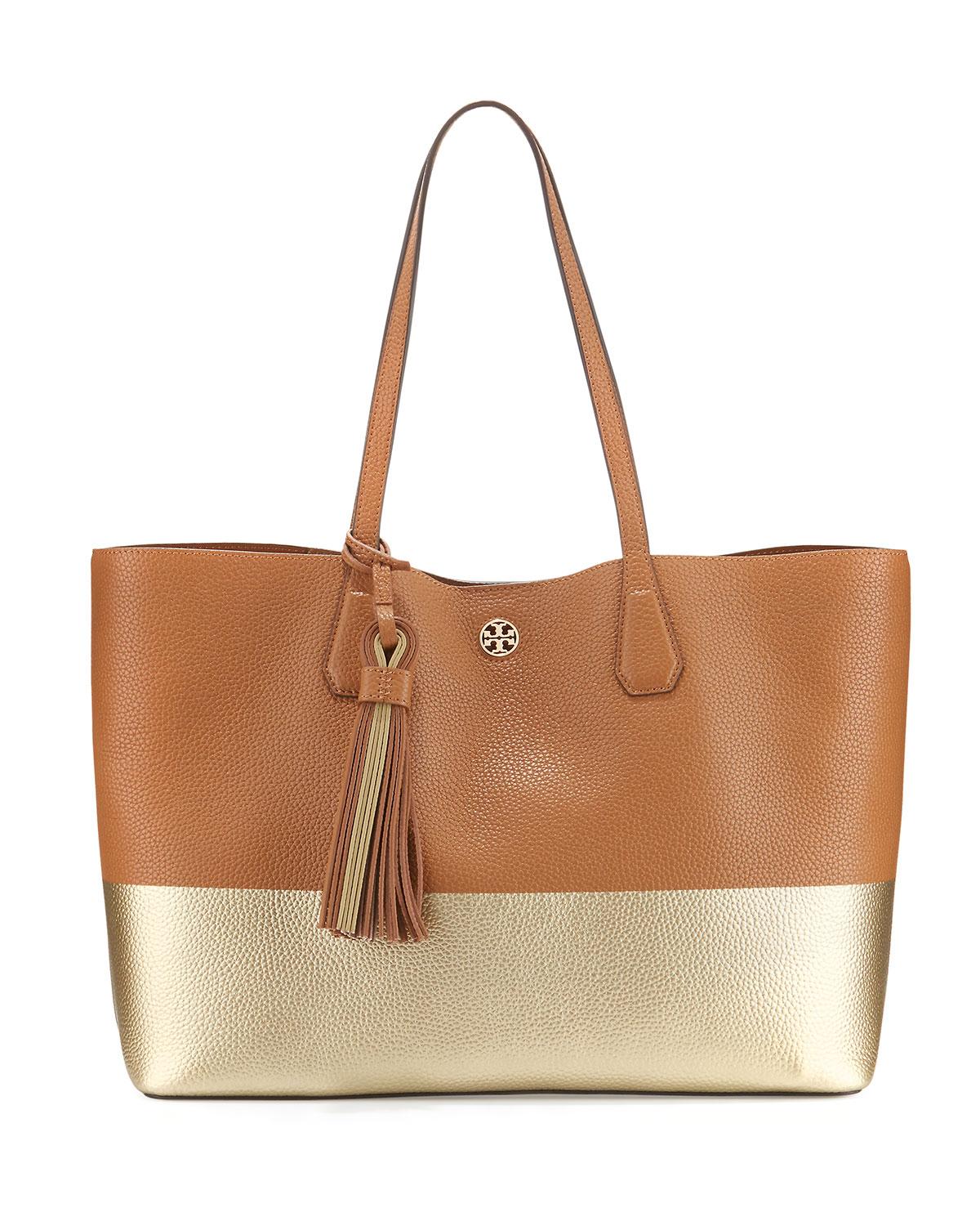 Tory burch Perry Colorblock Leather Tote Bag in Brown - Save 49% | Lyst