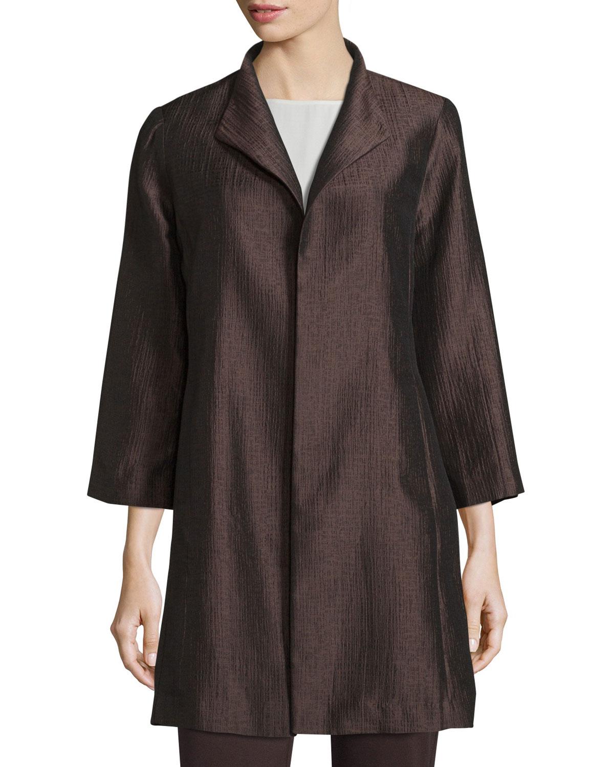 Eileen fisher High-Collar Silk Ravine Coat in Black | Lyst
