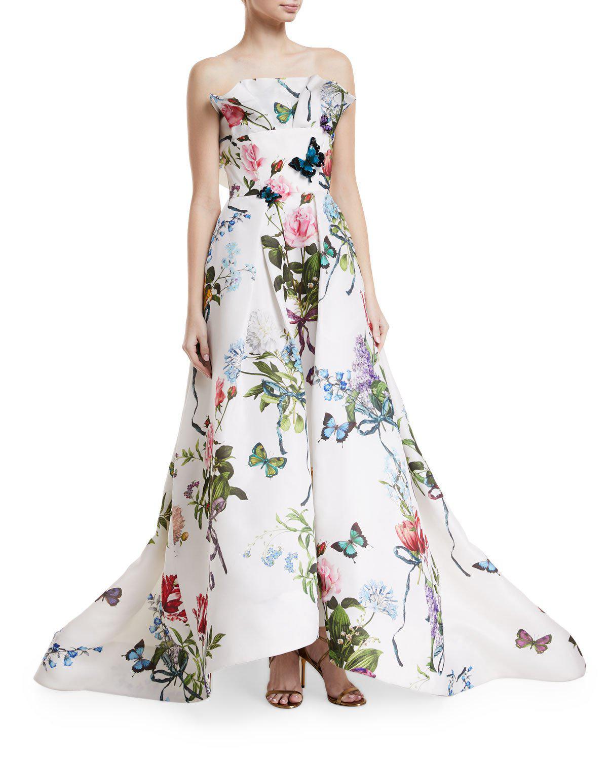 Lyst Monique Lhuillier Ruffle Neck Fl Print Evening Gown With Monique Lhuillier