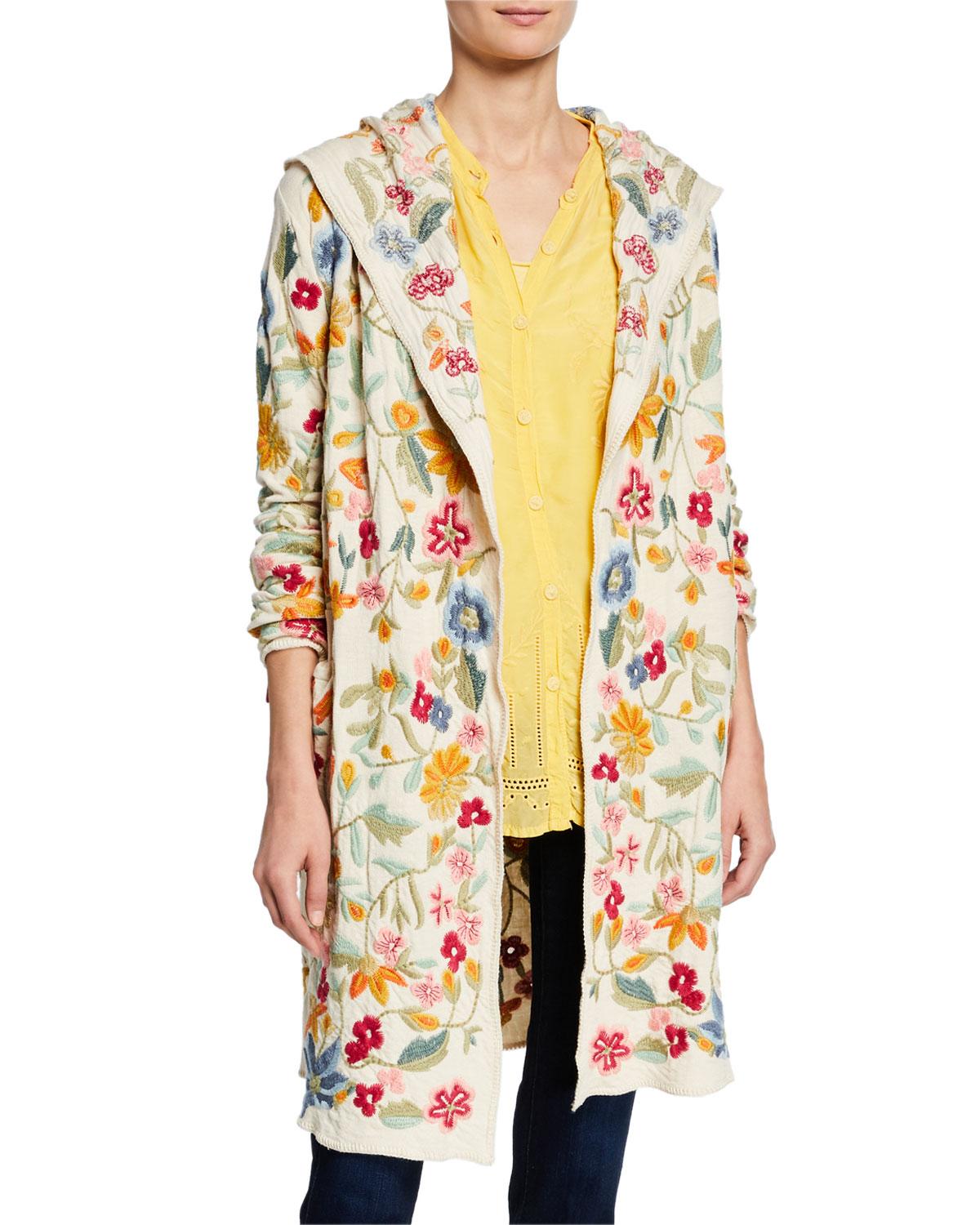 Johnny Was Floral-embroidered Open-front Hooded Duster in Yellow - Lyst