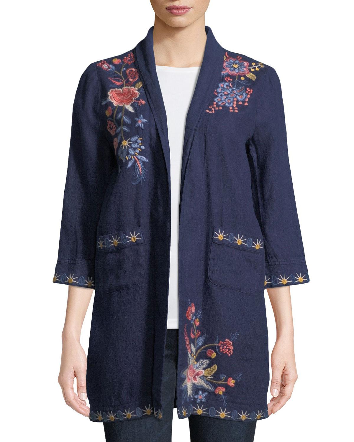 Johnny Was Plus Size Tivva Heavy Linen Embroidered Coat in Blue - Lyst