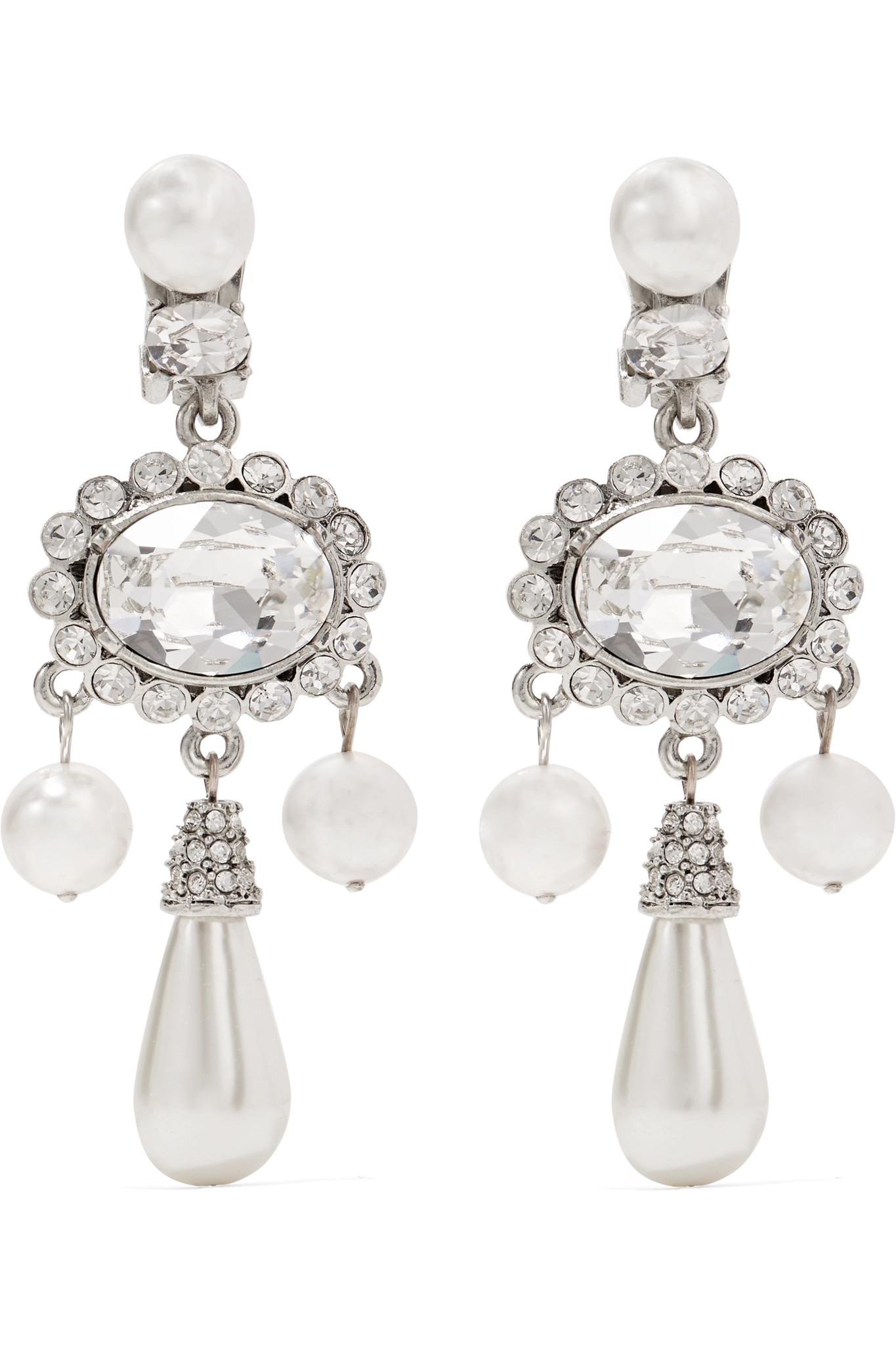 Lyst Oscar De La A Silver Plated Faux Pearl And Swarovski Oscar De La A Women S Metallic Silver Plated Faux Pearl And Swarovski Crystal Clip Earrings