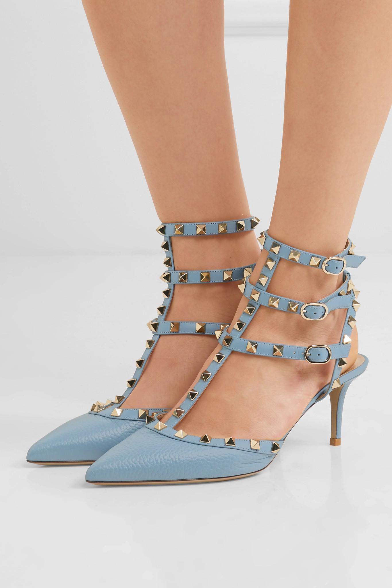 Valentino Rockstud Textured-leather Pumps in Blue - Lyst