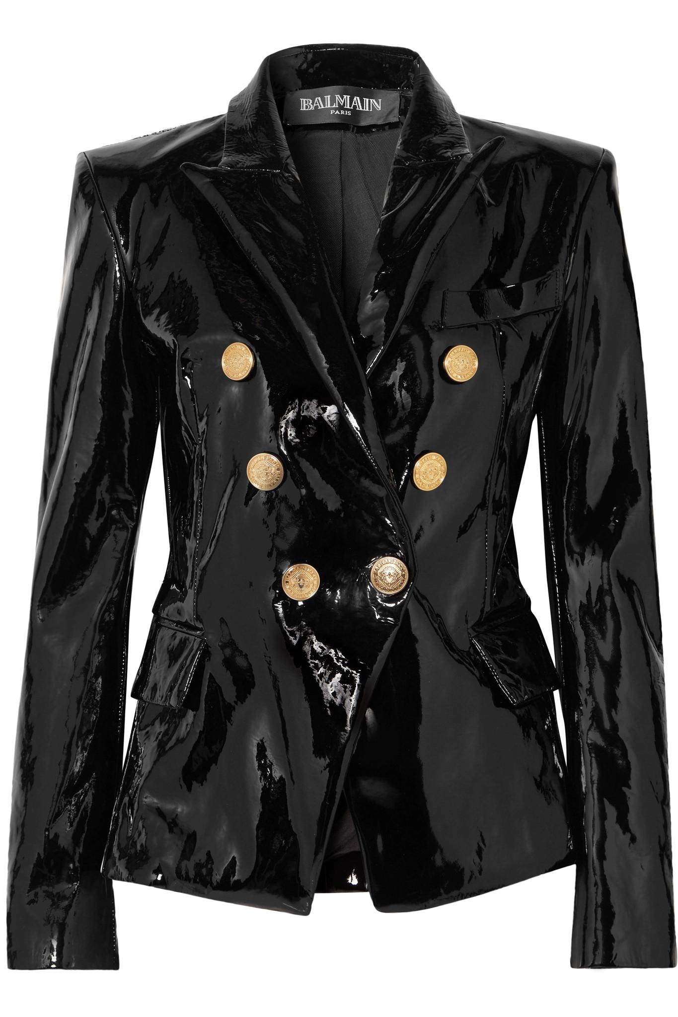 Balmain Double-breasted Patent-leather Blazer in Black - Lyst