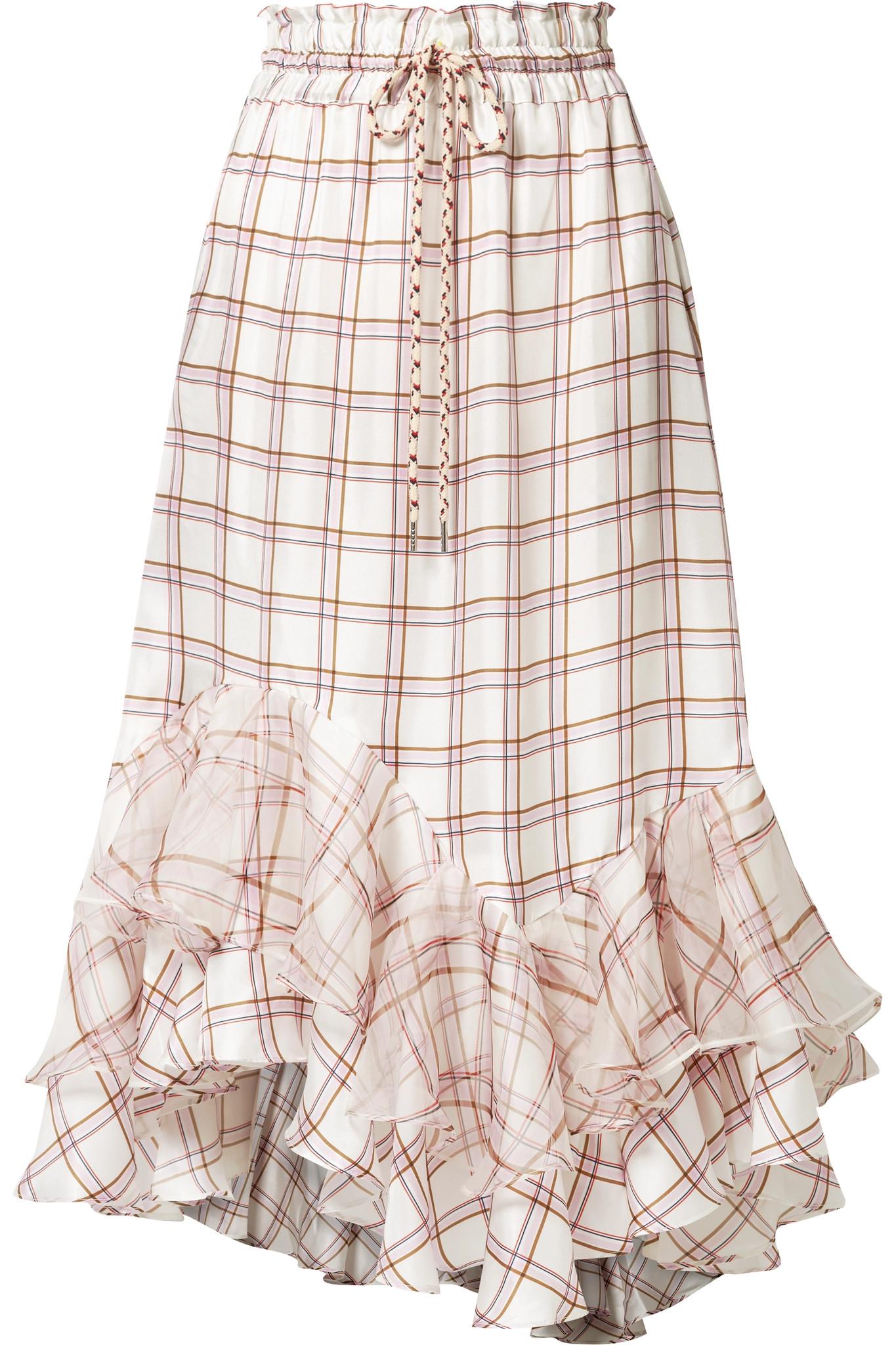 womens white holly ruffled checked silk midi skirt