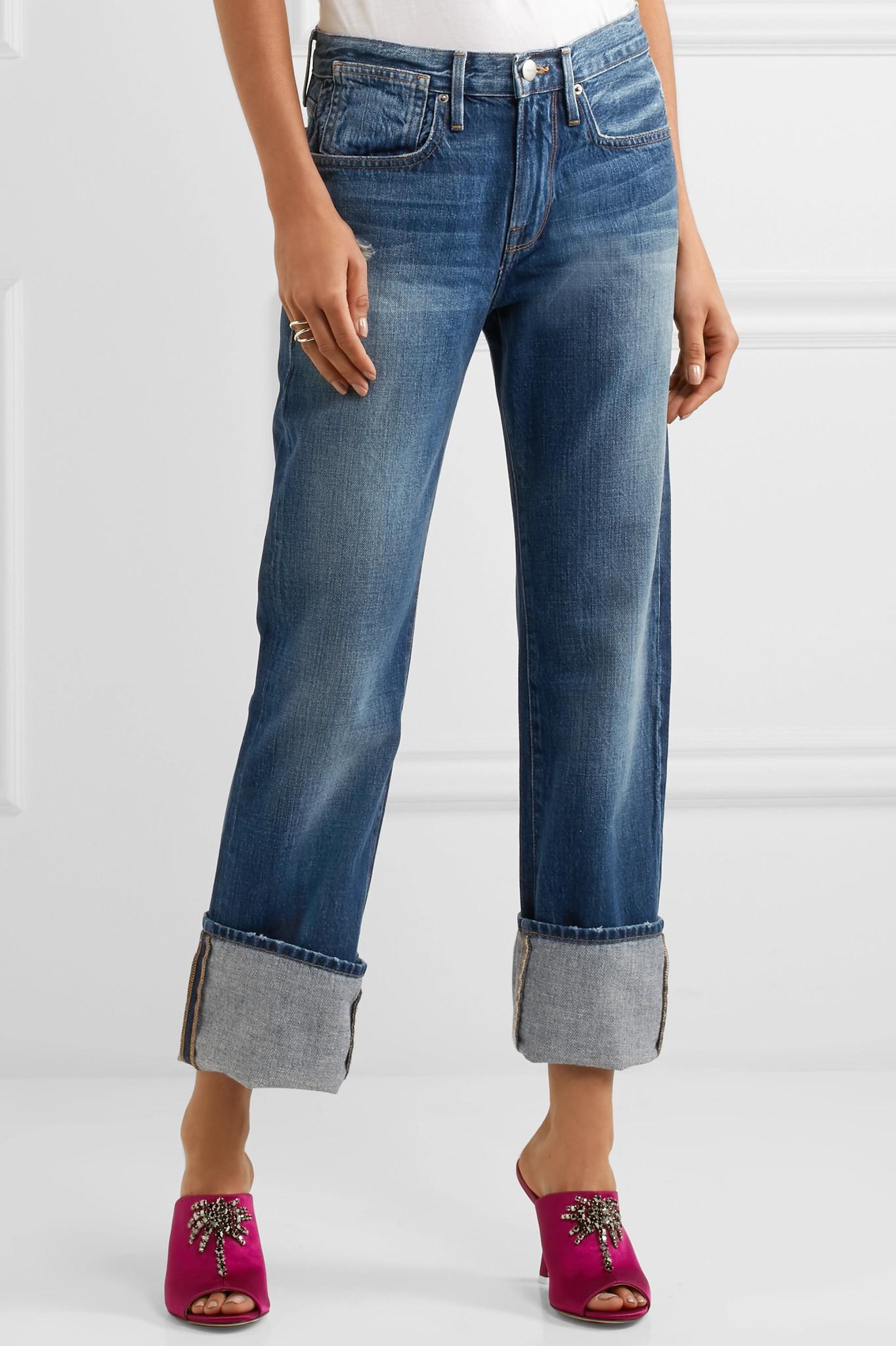 FRAME Le Oversized Cuff High-rise Straight-leg Jeans in Blue - Lyst