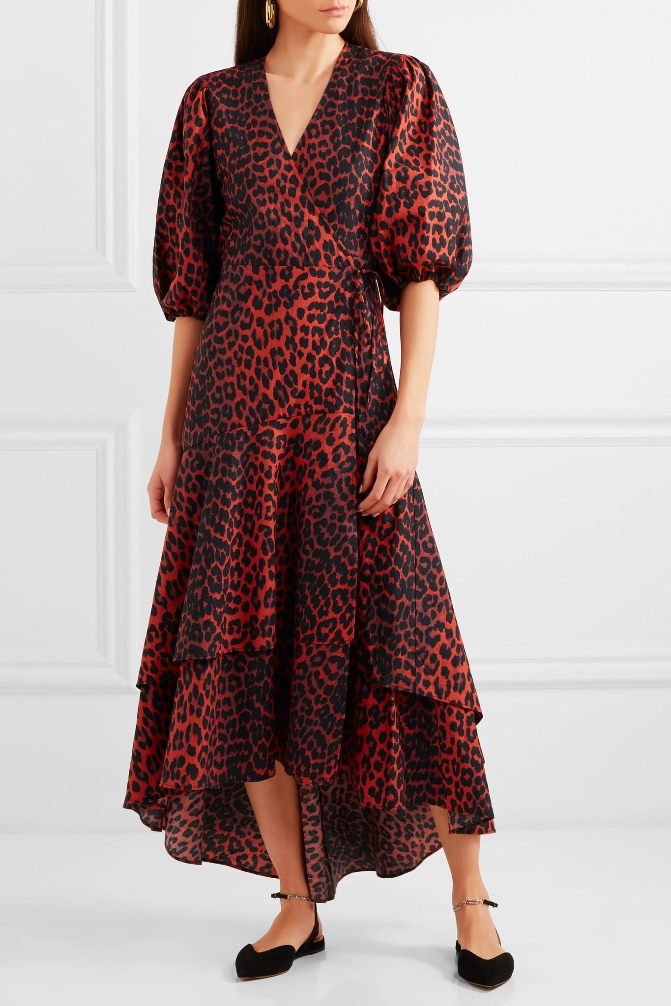 Ganni Bijou Leopard-print Cotton-poplin Wrap Dress - Lyst