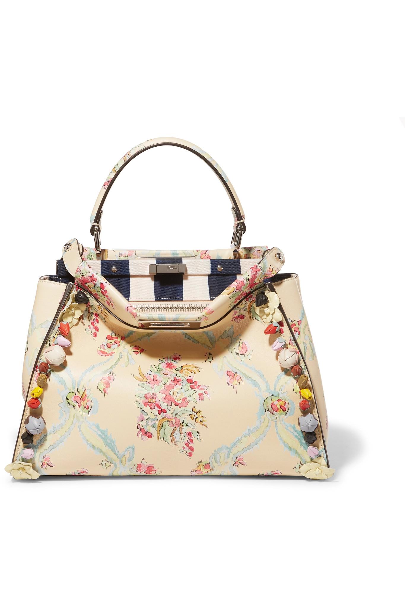 Fendi Peekaboo Medium Appliquéd Floral-print Leather Tote in White - Lyst