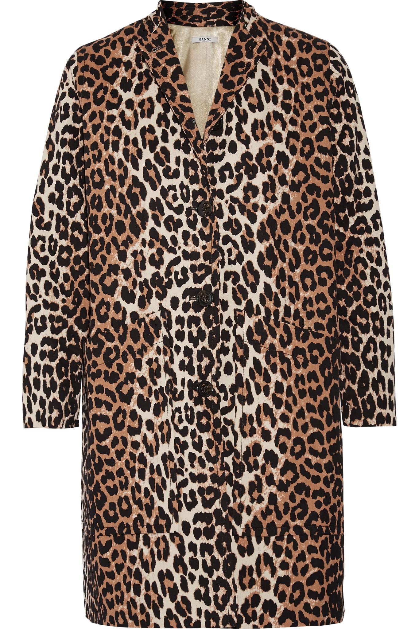 Lyst - Ganni Leopard-print Cotton-twill Coat in Brown