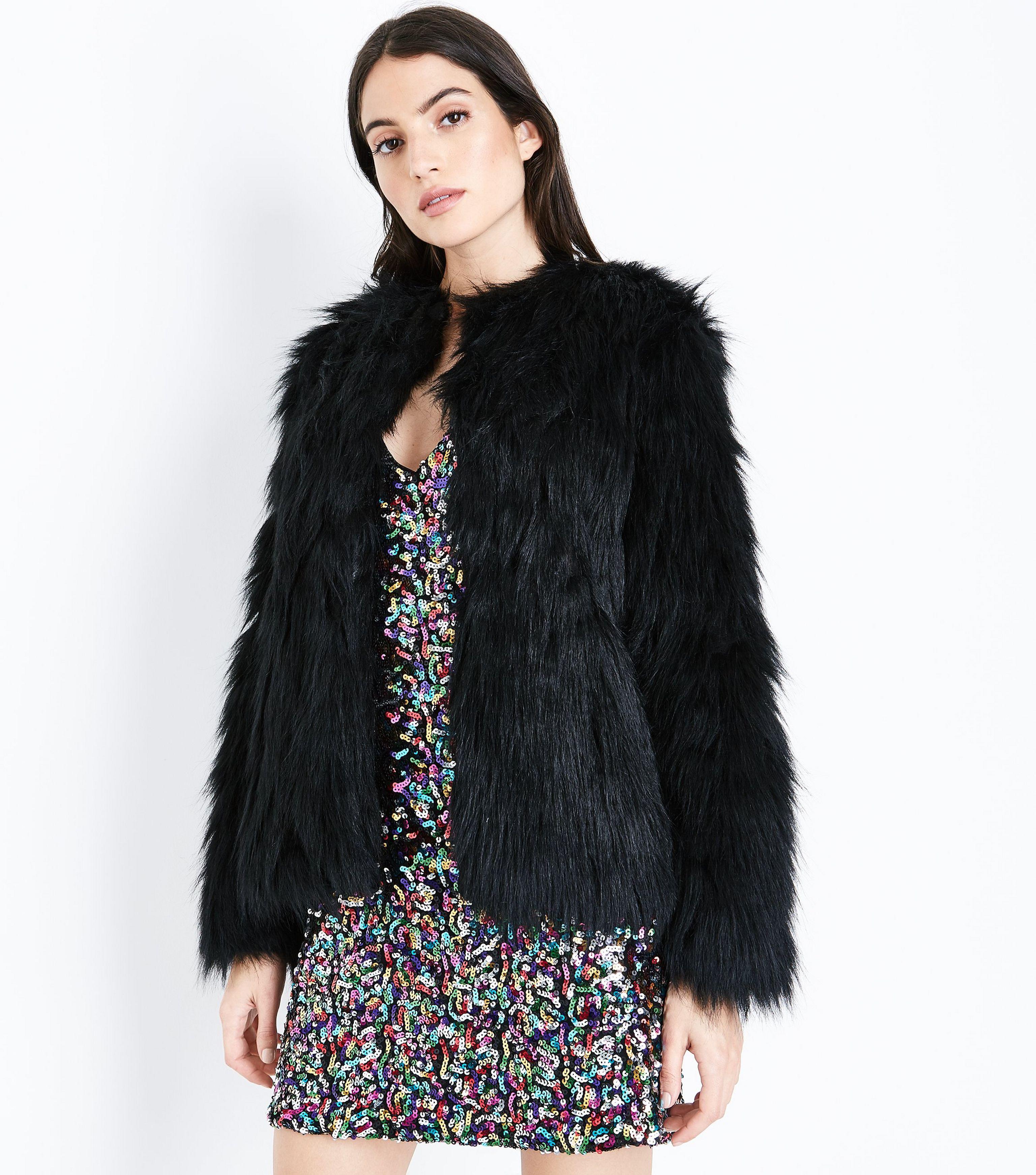 New Look Black Collarless Fluffy Faux Fur Jacket In Lyst Gallery