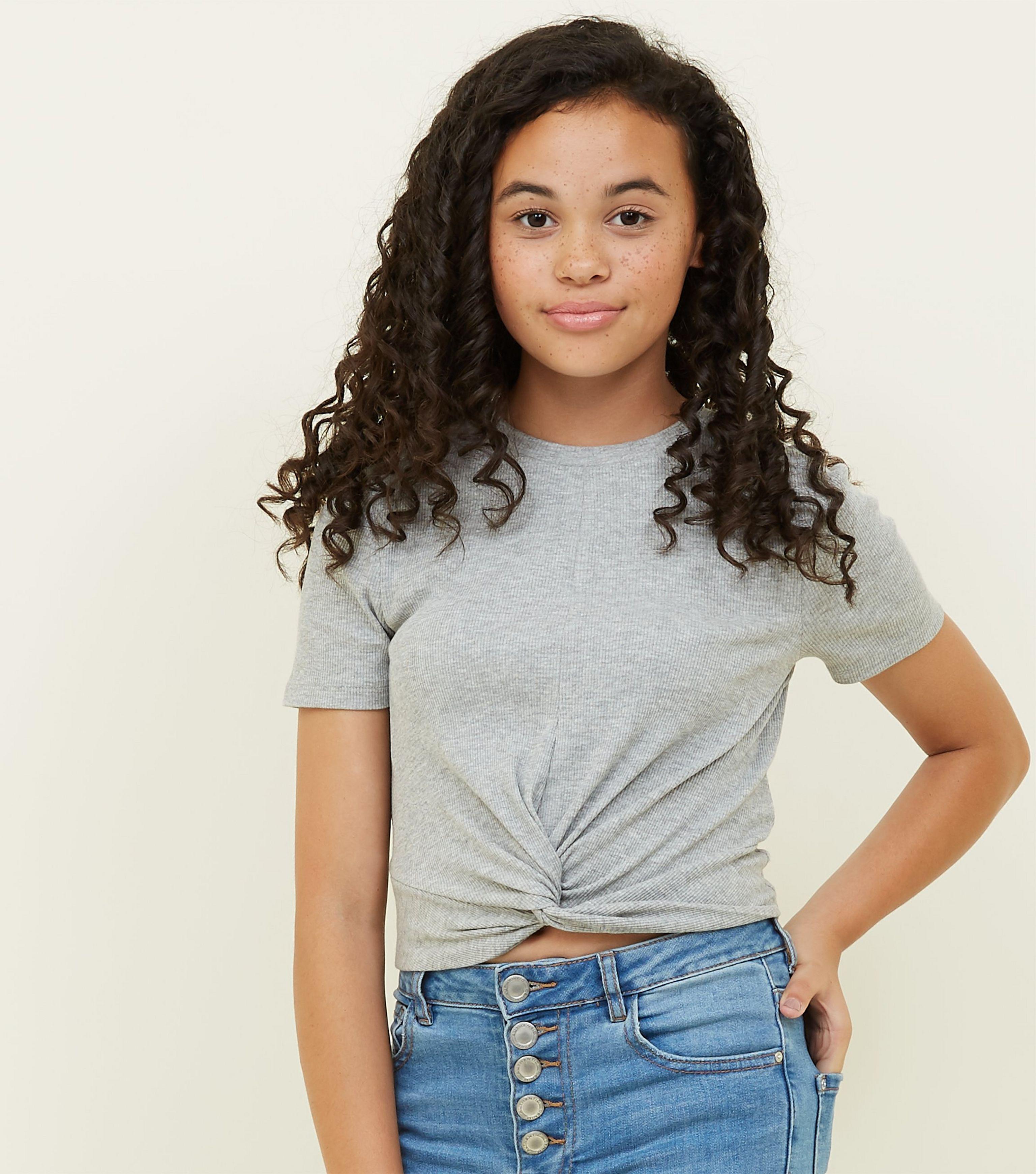 Download New Look Girls Grey Marl Ribbed Twist Front T-shirt in ...