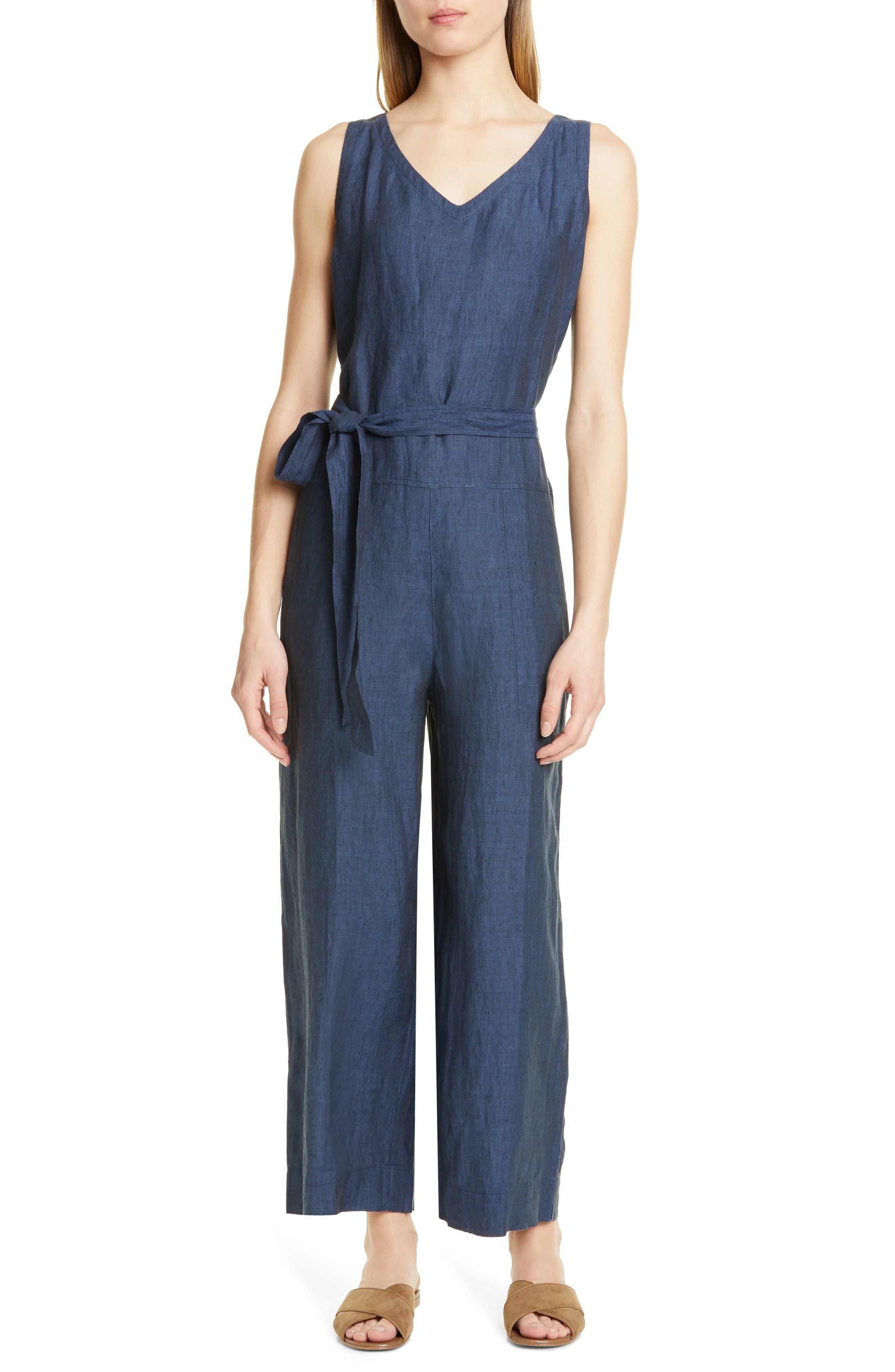 Eileen Fisher Belted Organic Linen Jumpsuit in Blue - Lyst