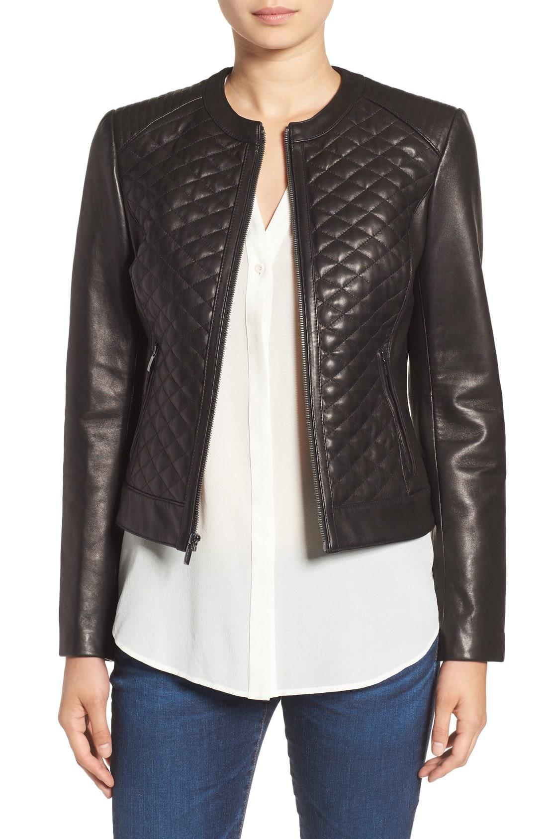 Lyst - Cole Haan Quilted Leather Moto Jacket in Black