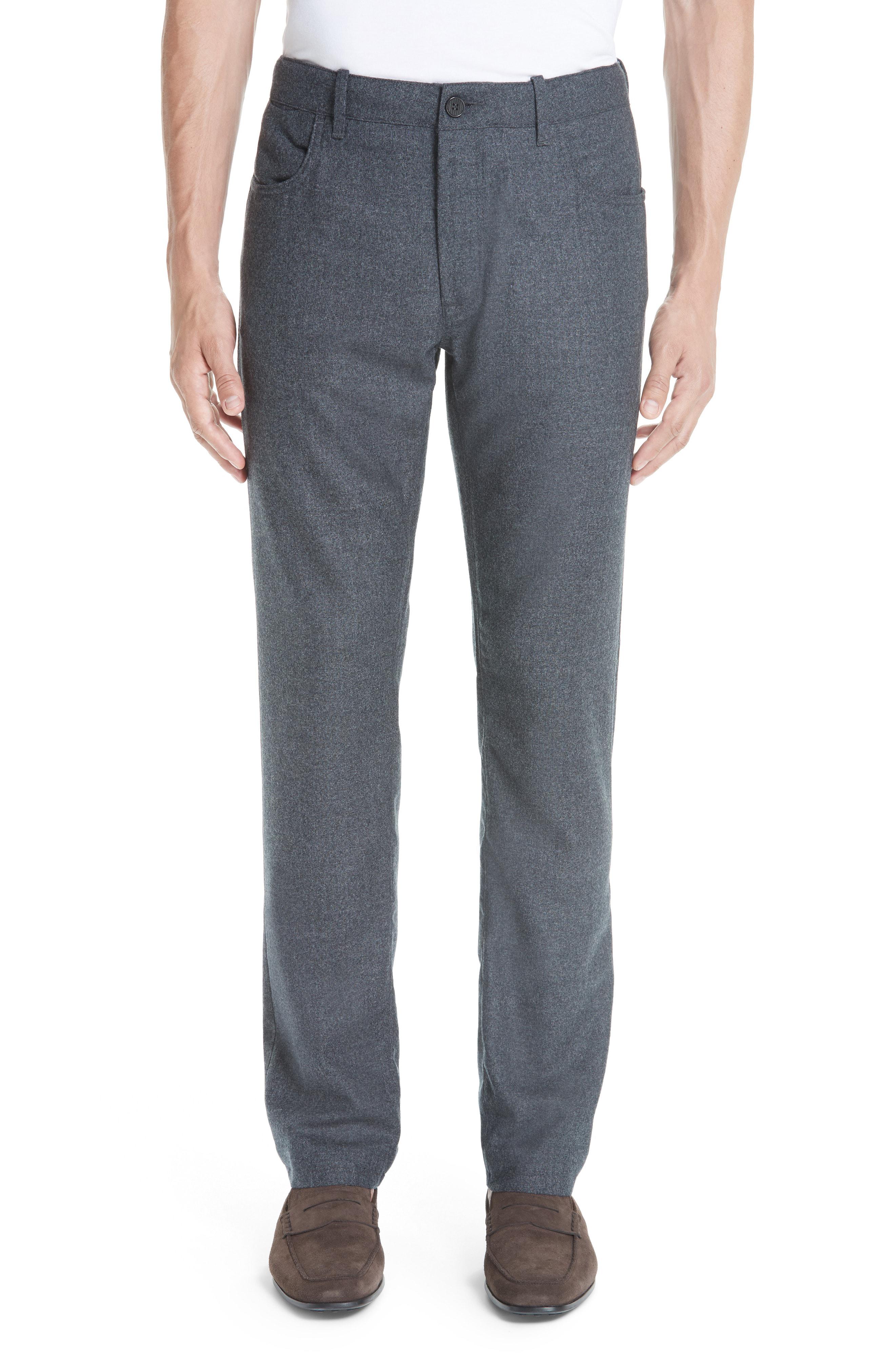 Canali Flat Front Flannel Wool Five-pocket Trousers in Gray for Men - Lyst