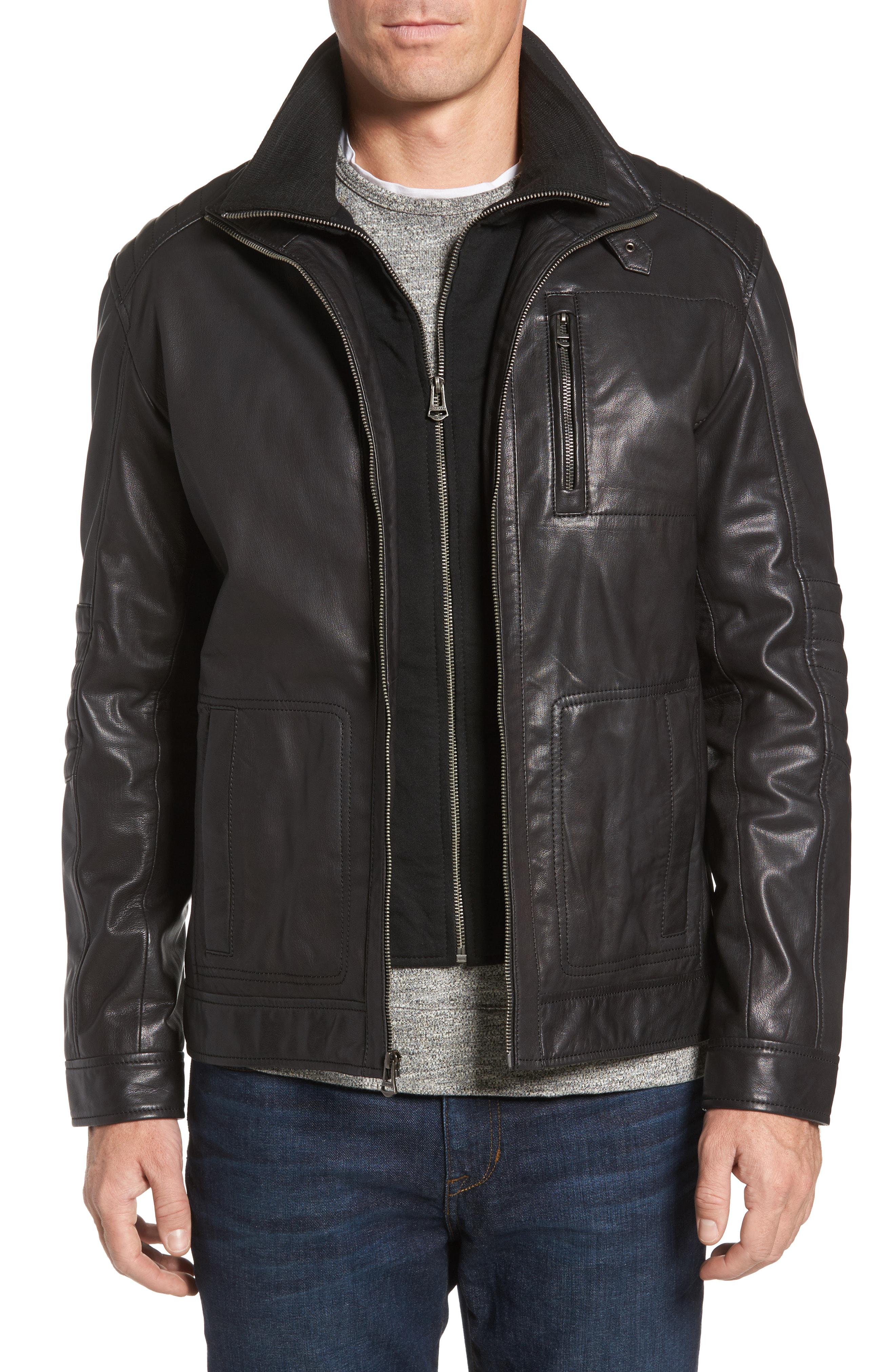 Lyst - Cole Haan Washed Leather Moto Jacket With Knit Bib in Black for ...