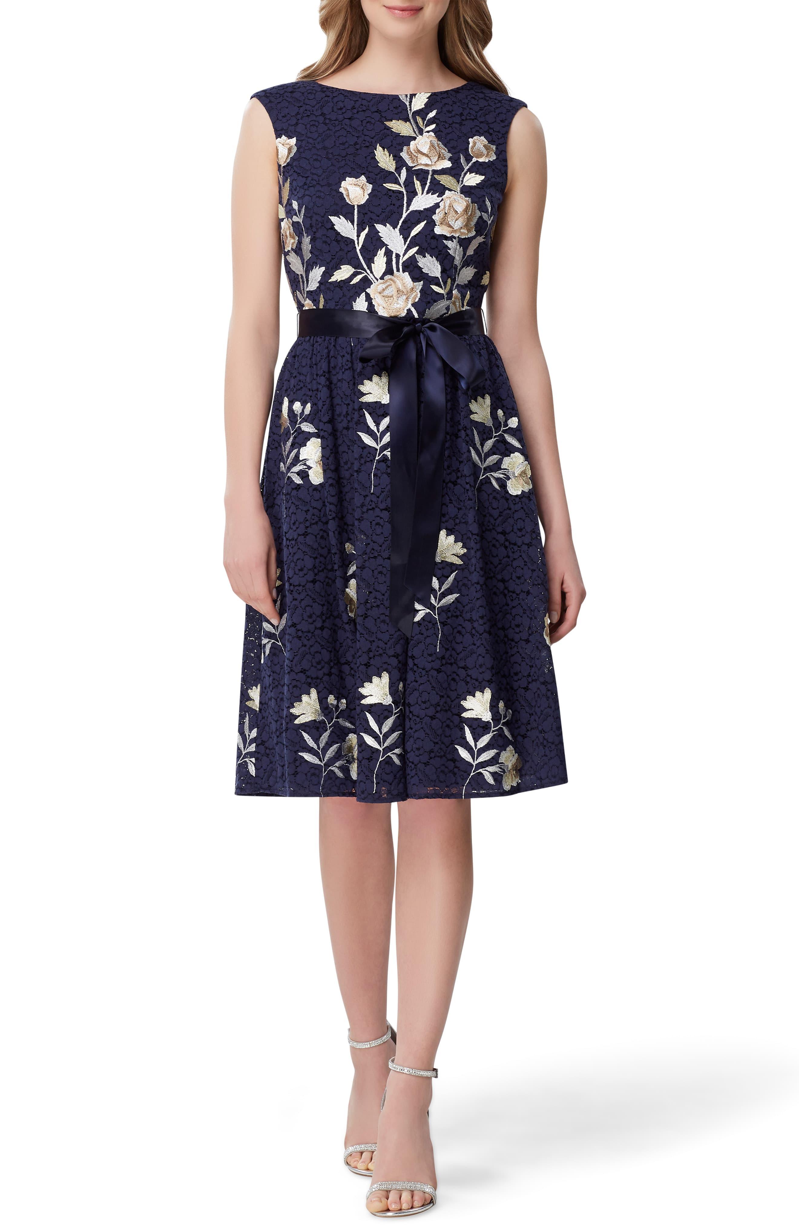 Tahari Embroidered Fit & Flare Lace Dress in Blue - Lyst