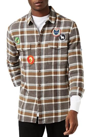lyst topman badge plaid flannel shirt in gray for lyst topman badge plaid flannel shirt in gray for