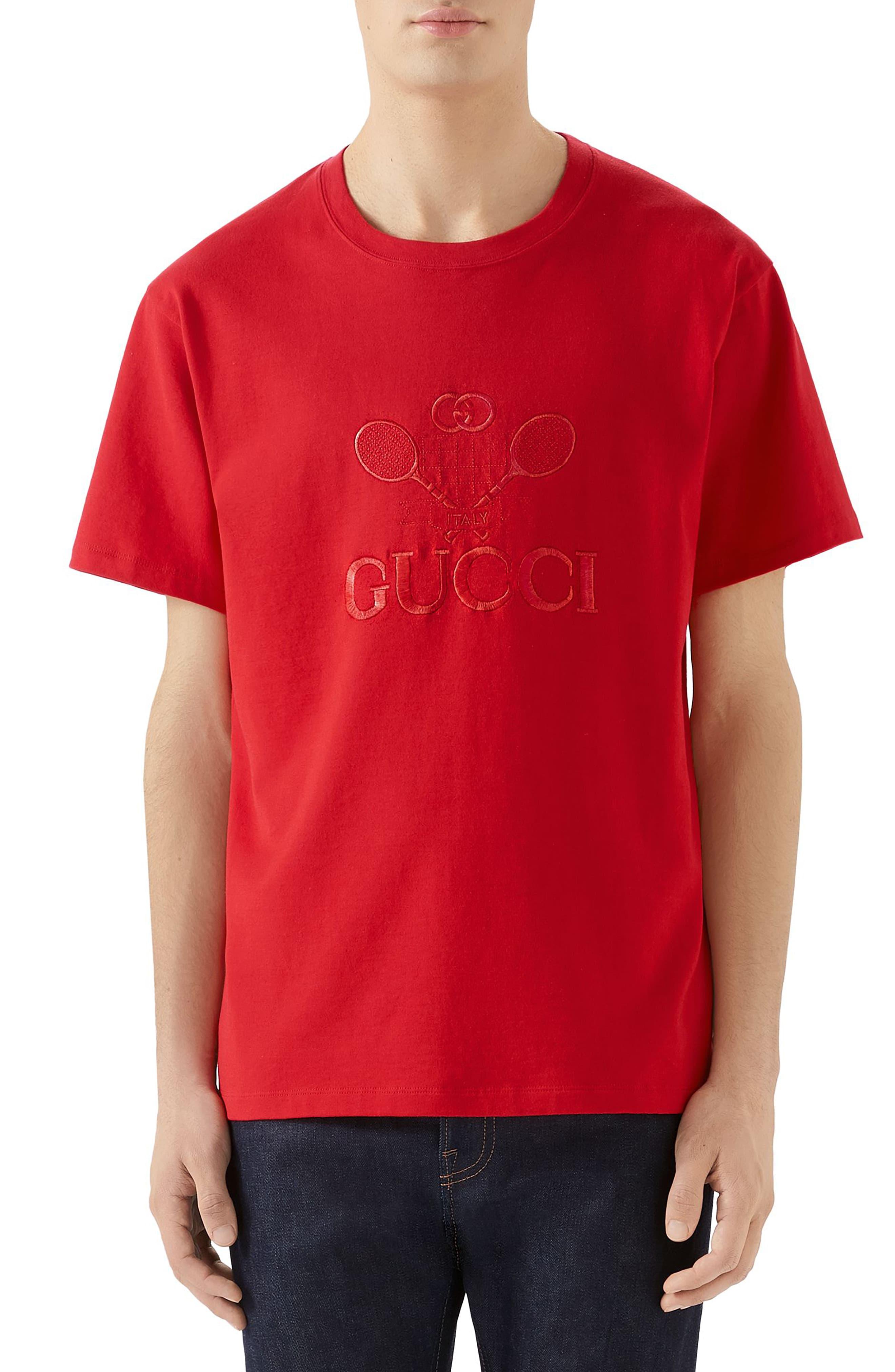 Gucci Tennis Embroidered Cotton T-shirt in Red for Men - Lyst