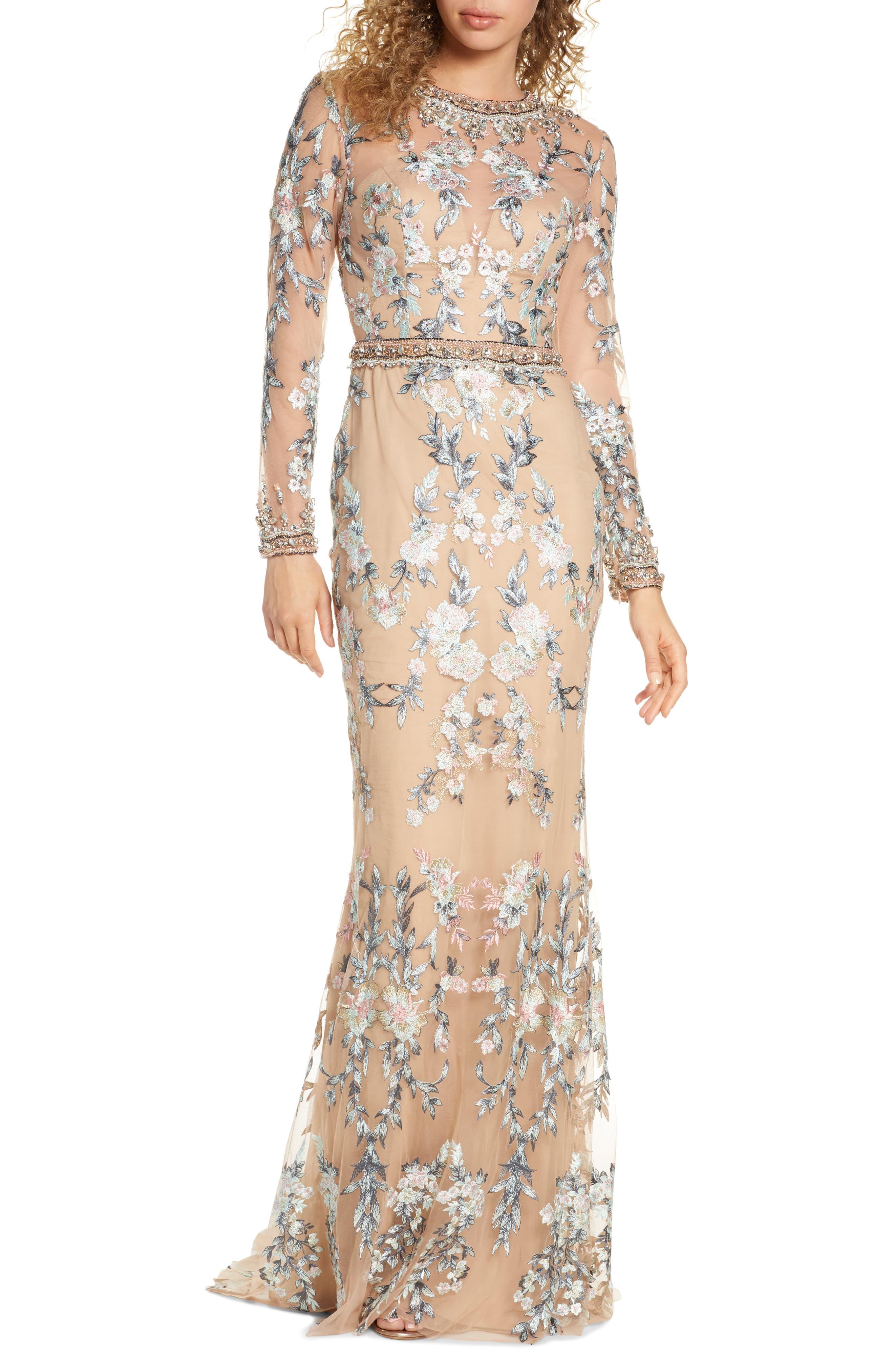 Mac Duggal Embellished Long Sleeve Lace Gown in Natural - Lyst
