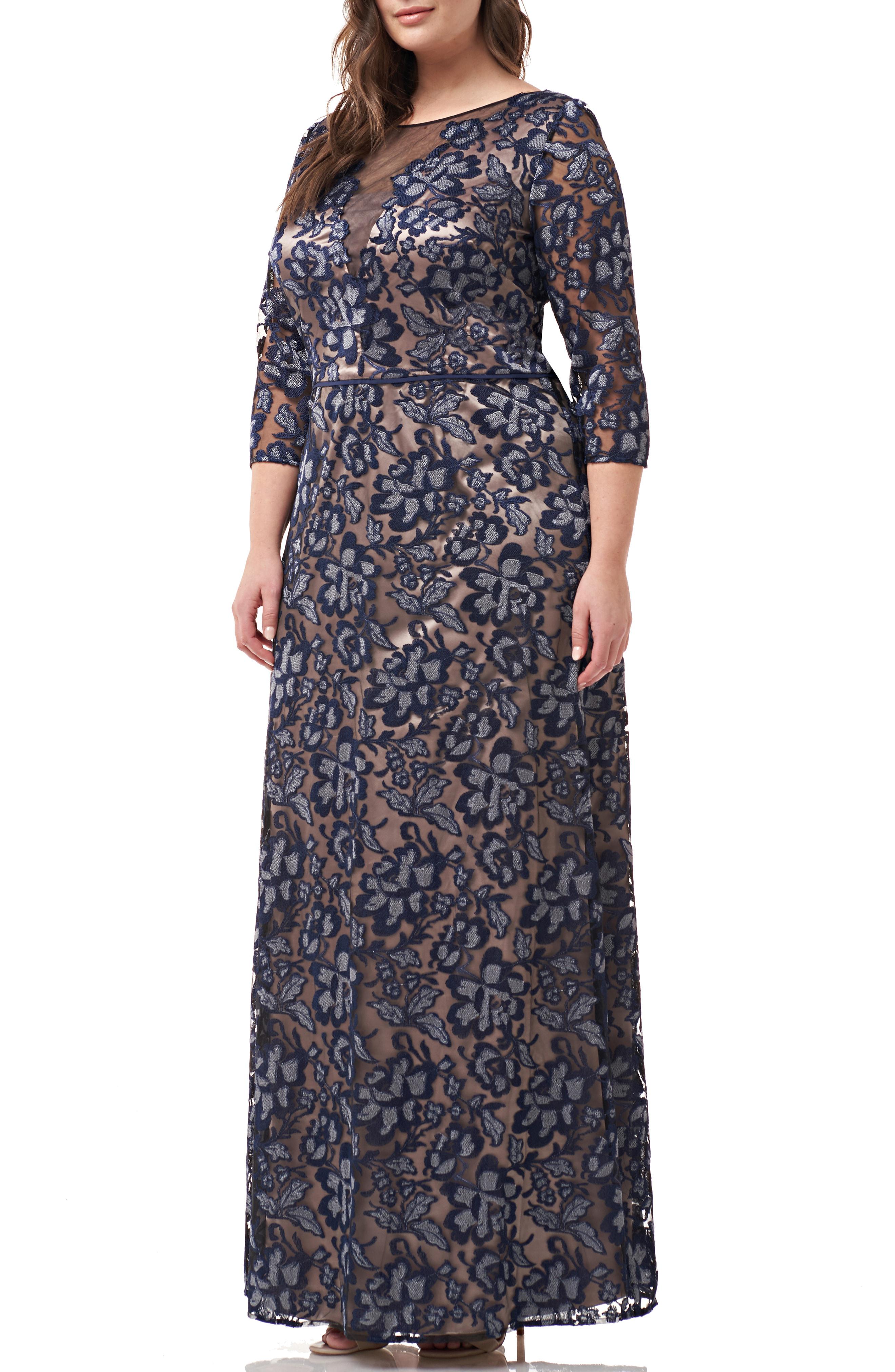 Lyst Js Collections Floral Embroidered Mesh Gown In Blue 0521