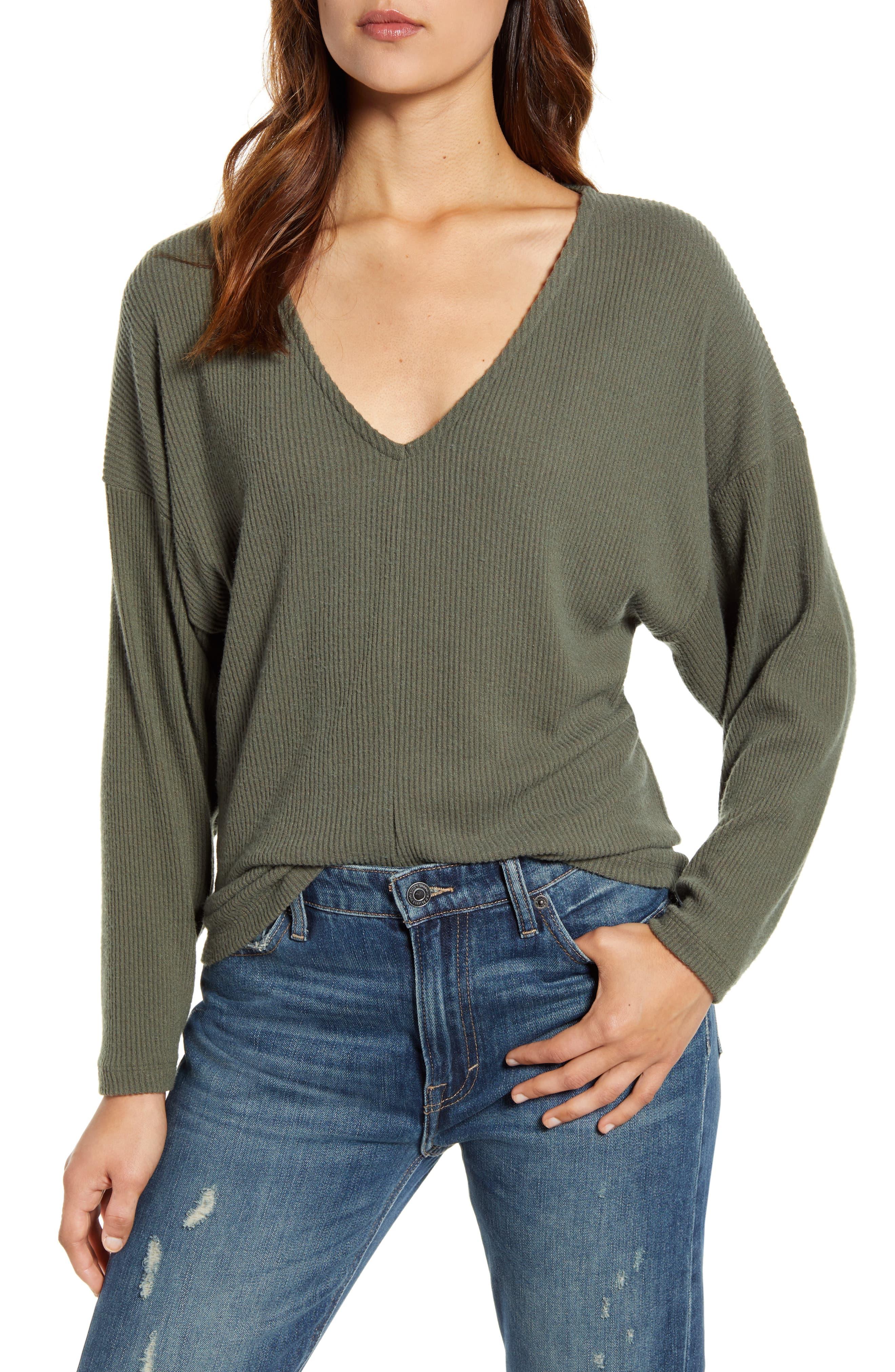Lucky Brand Ribbed V-neck Cloud Jersey Top in Olive Night (Green ...