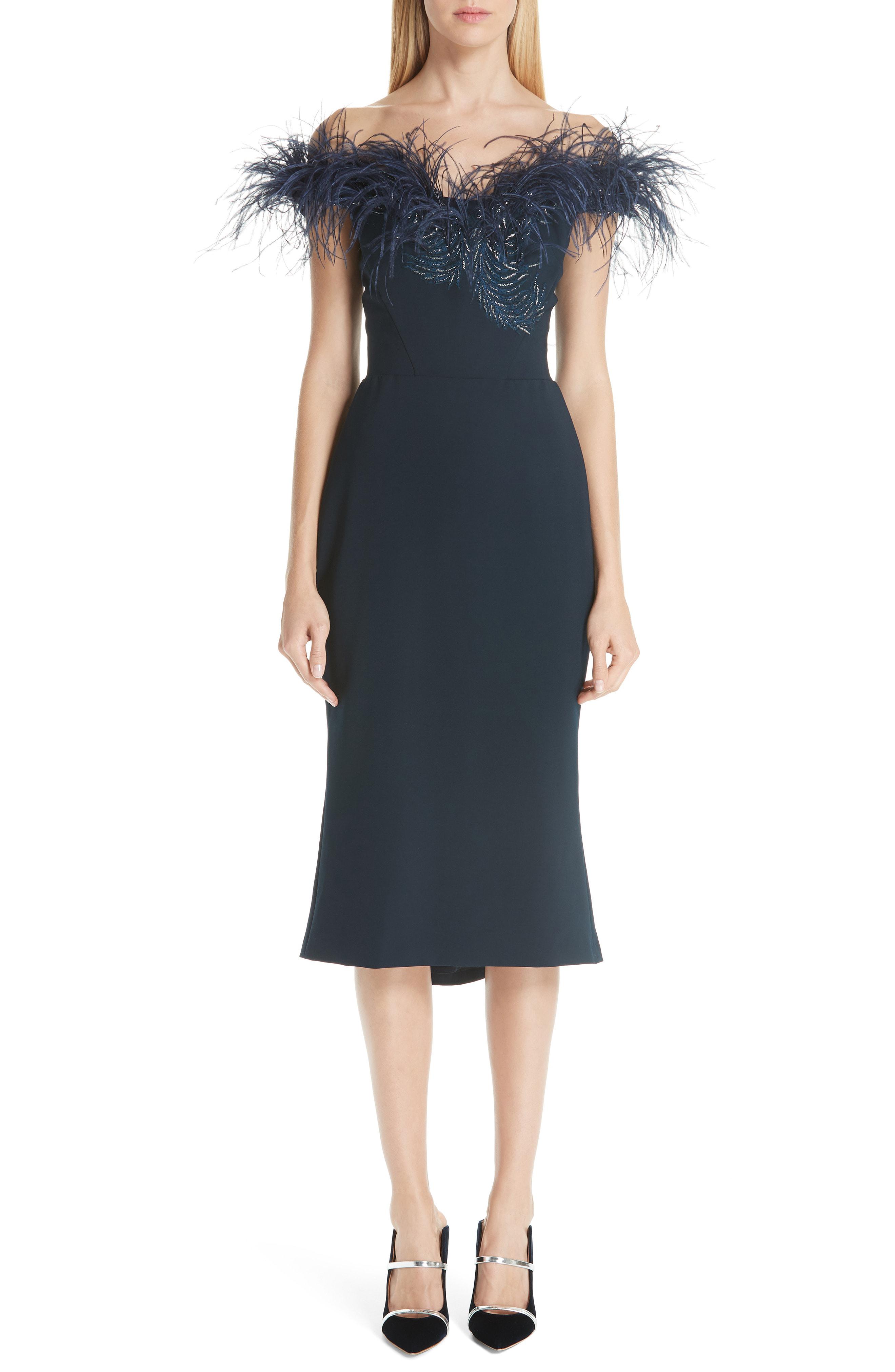 Lyst - Marchesa Off The Shoulder Feather Cocktail Dress in Blue