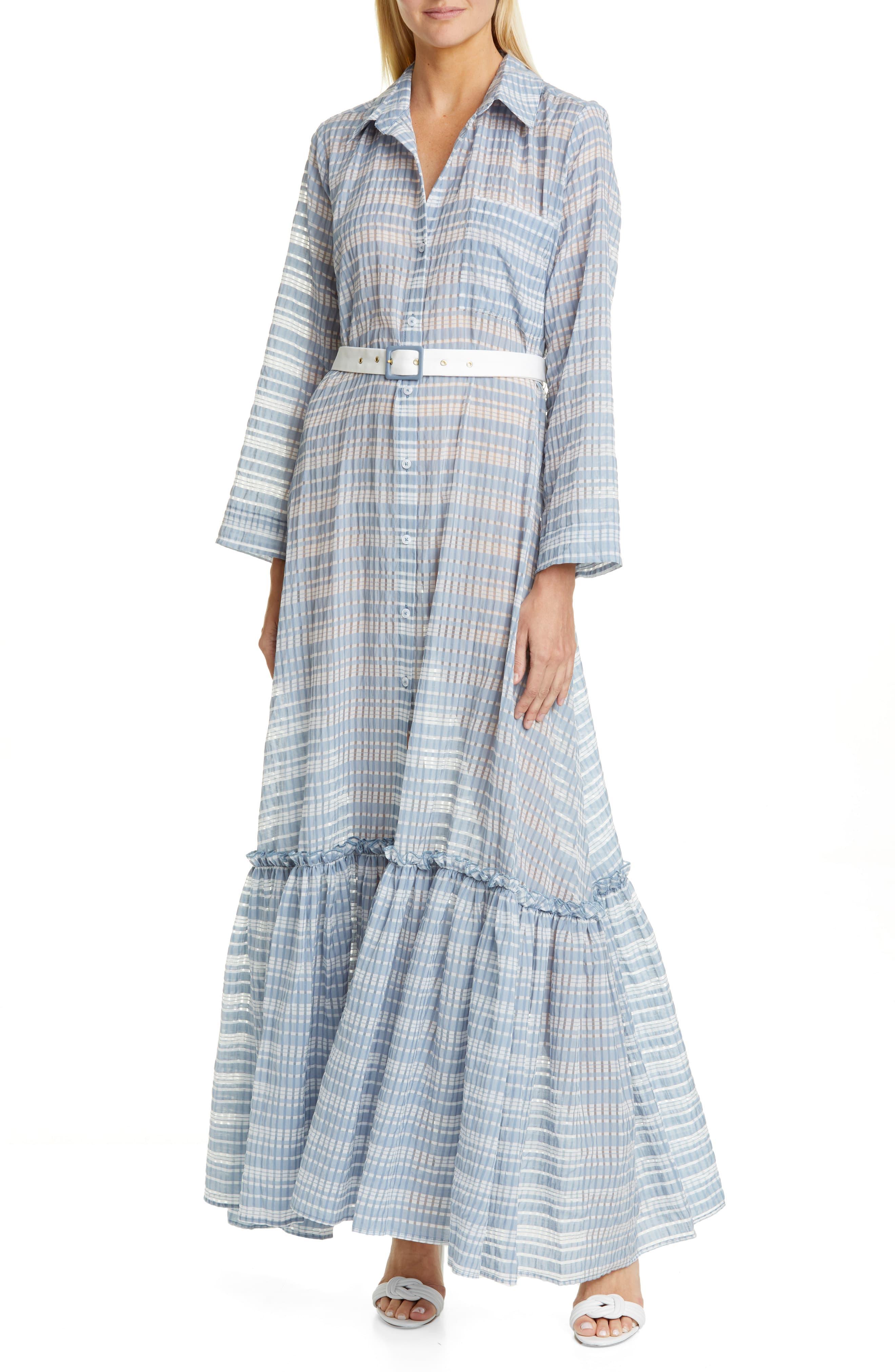 STAUD Rose Plaid Belted Maxi Dress in Blue - Lyst