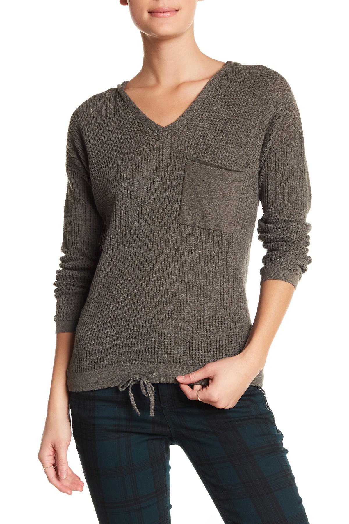 Democracy Hooded Knit V-neck Sweater in Gray | Lyst