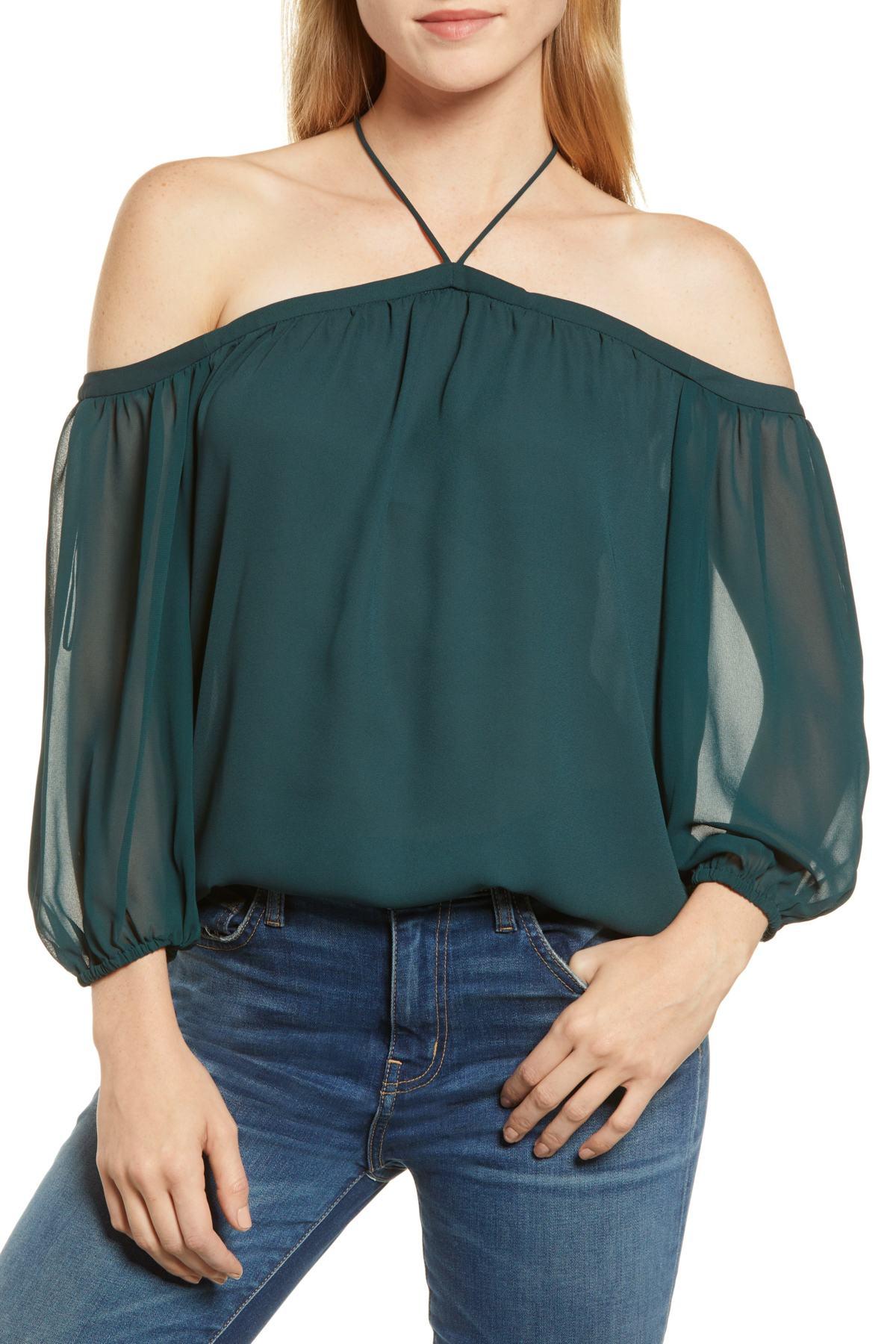1.STATE Off The Shoulder Sheer Chiffon Blouse in Green - Lyst