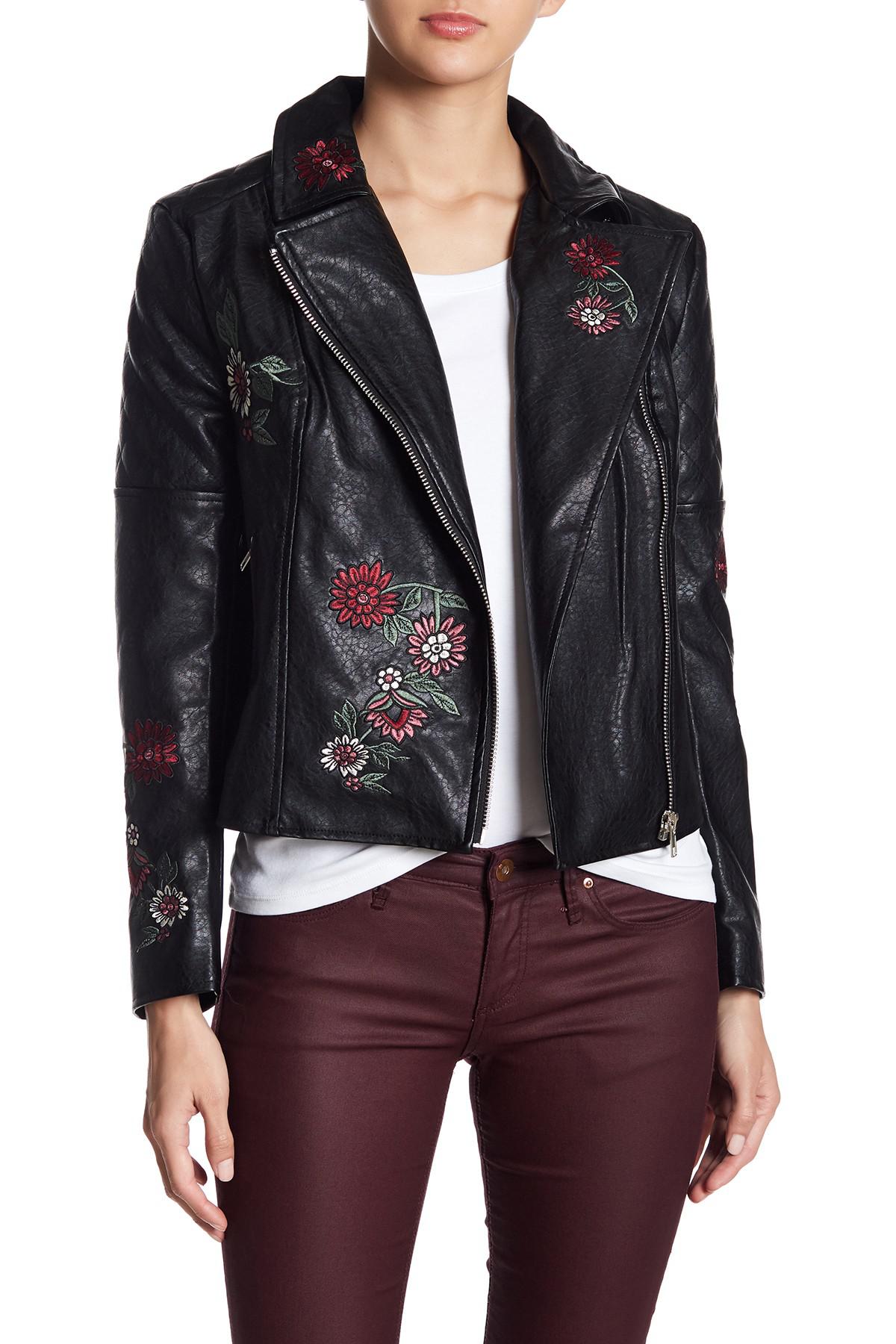 Lyst Bb Dakota Rannie Faux Leather Embroidered Jacket In Black Gallery Previously Sold At Nordstrom Rack Women S Denim Biker Jackets