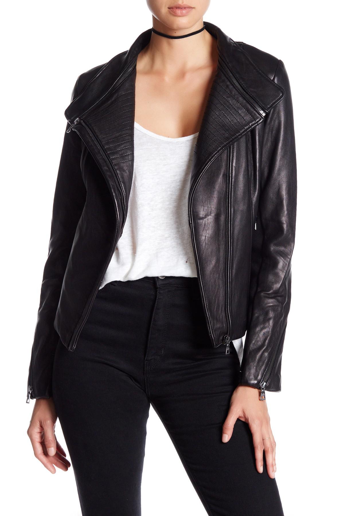 Lyst Sam Edelman Zip Off Collar Genuine Leather Moto Jacket In Black Gallery