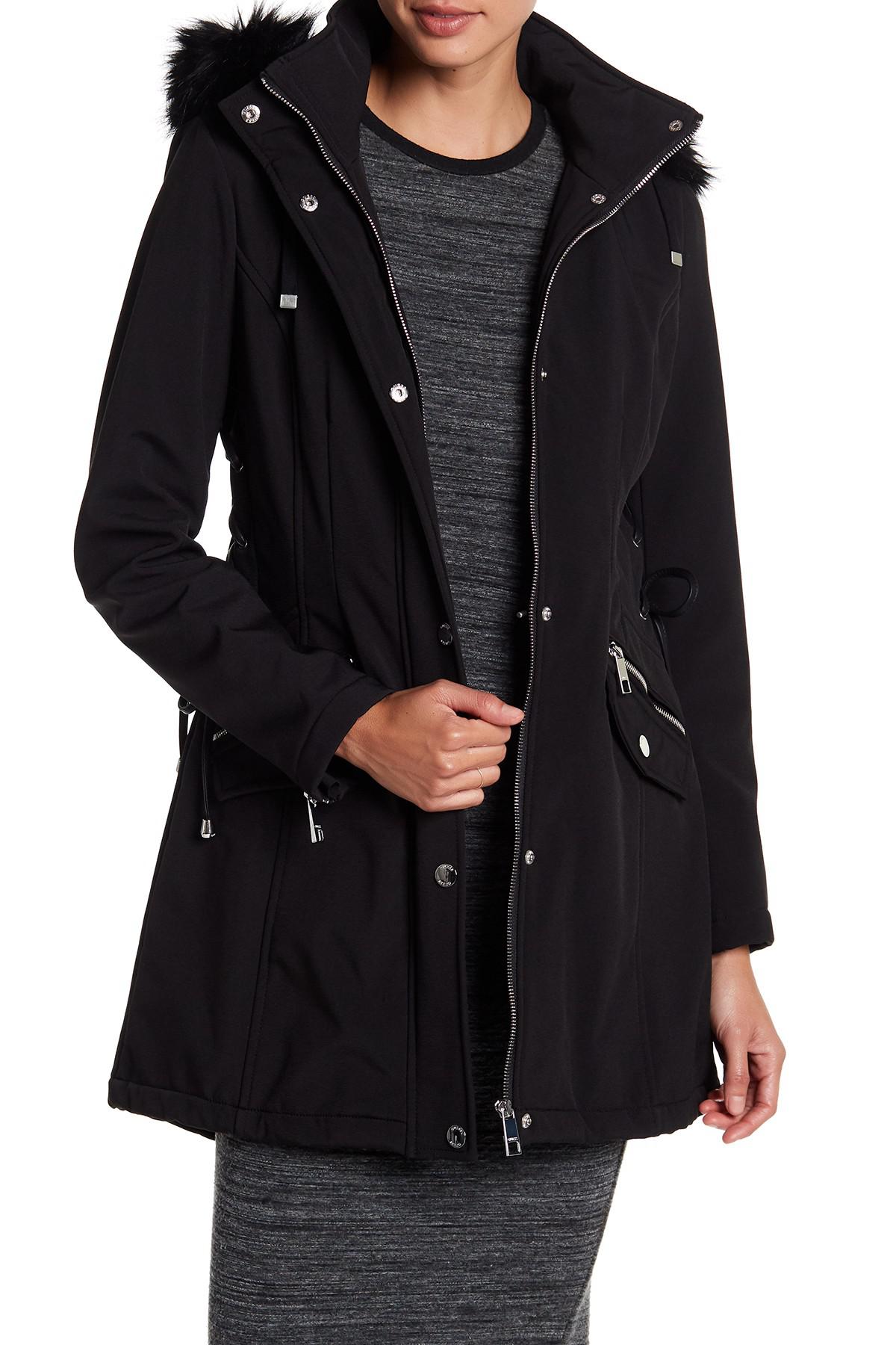 Guess Side Lace Up Faux Fur Trim Hooded Jacket In Black Lyst Guess Side Lace Up Faux Fur Trim Hooded