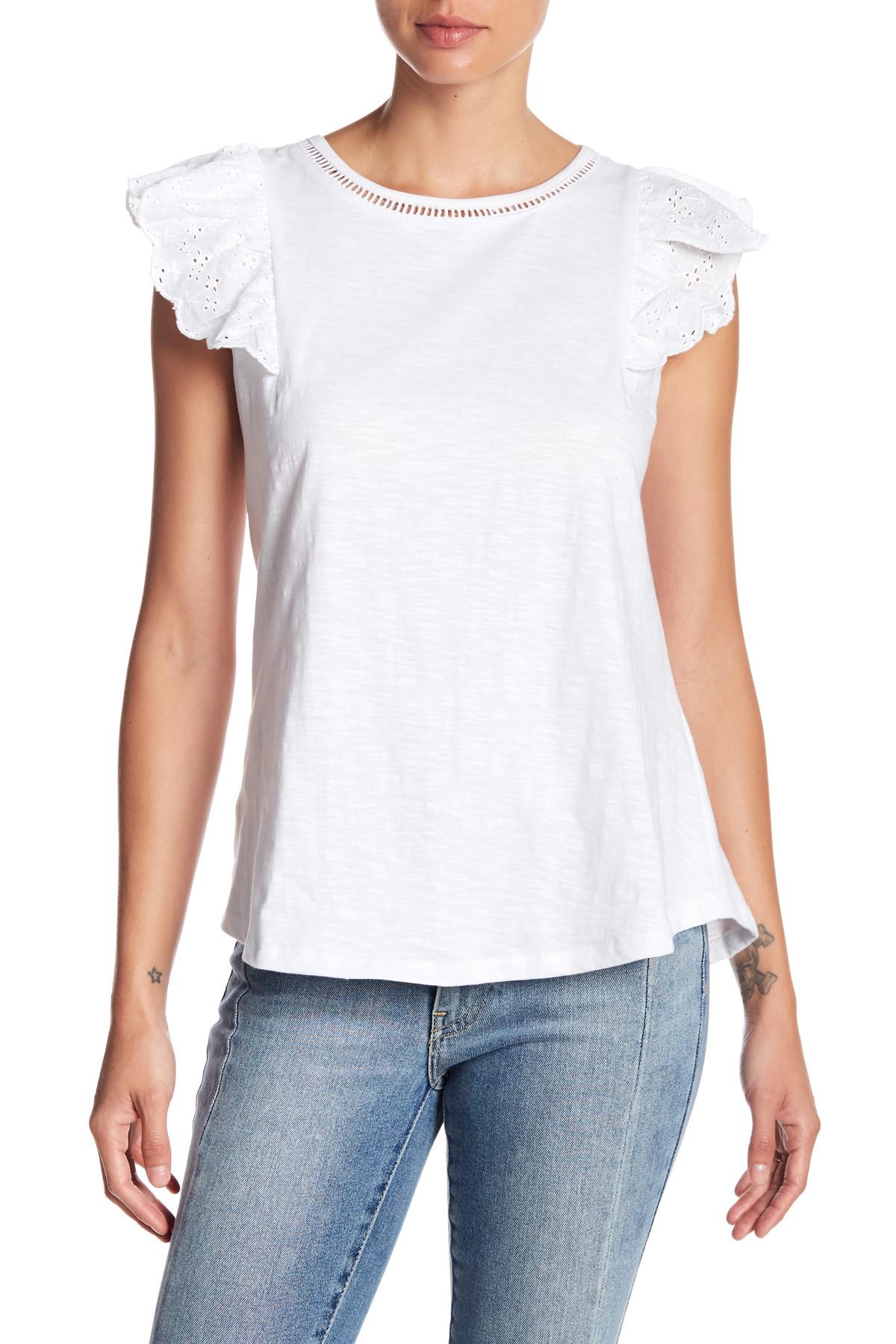 Lyst Bobeau Eyelet Ruffled Cap Sleeve Tee in White