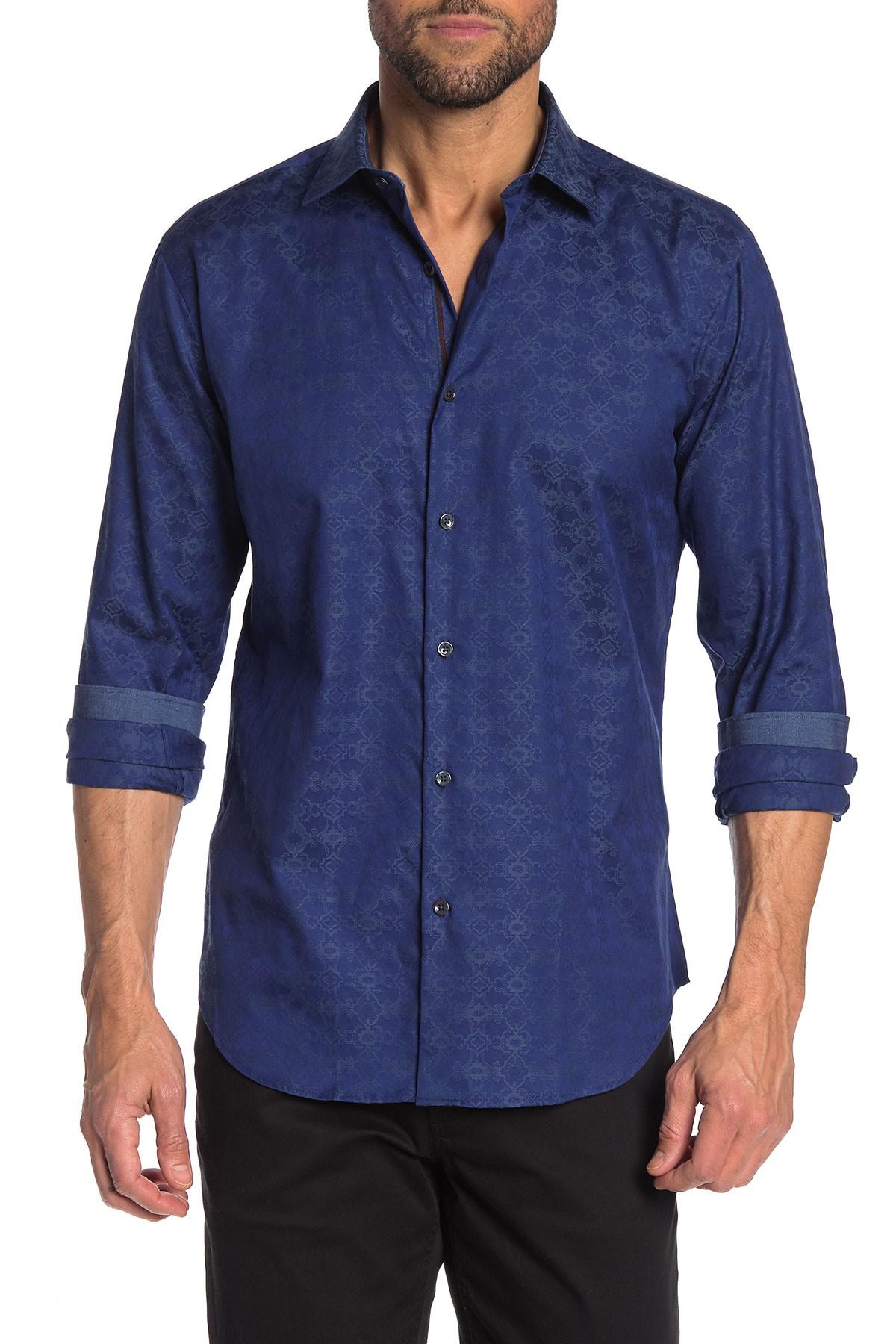 Lyst - Bugatchi Jacquard Print Long Sleeve Shaped Fit Shirt in Blue for Men
