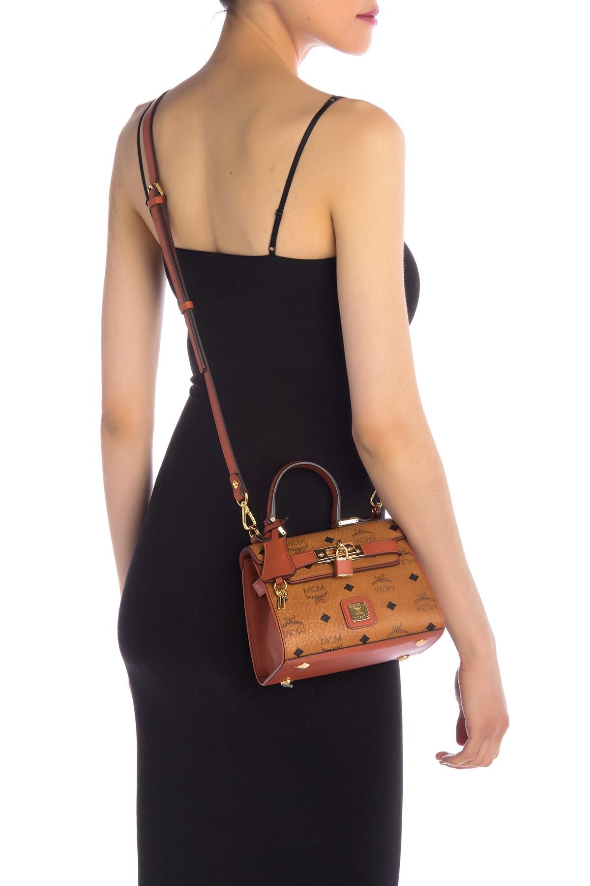 MCM Mini Visetos Top Handle Crossbody Bag in Brown Lyst
