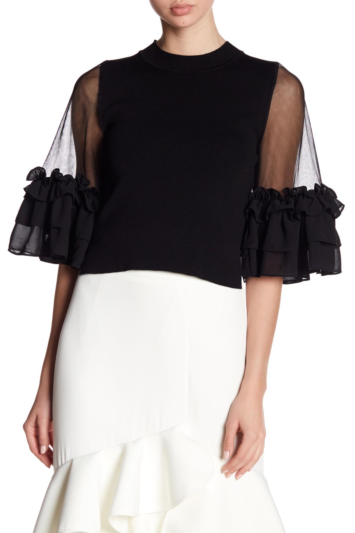 Gracia Ruffle Sheer Sleeve Knit Top in Black | Lyst