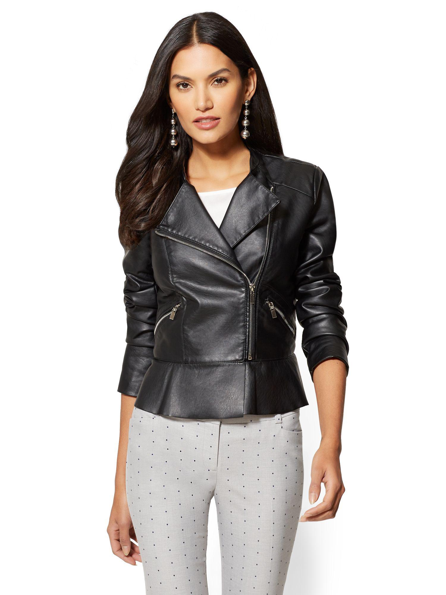 Lyst New York Company Peplum Faux Leather Moto Jacket In Black New York Company Women S Black Peplum Faux Leather Moto Jacket