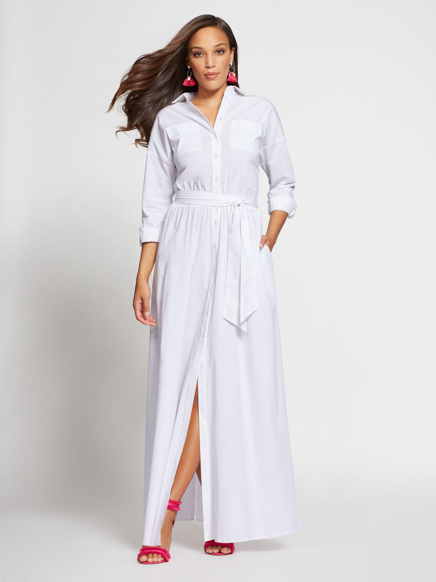 white maxi shirt dress with sleeves